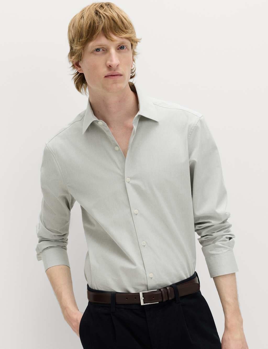 Marks & Spencer M&S Regular Fit Pure Cotton Marl Shirt Green Mix