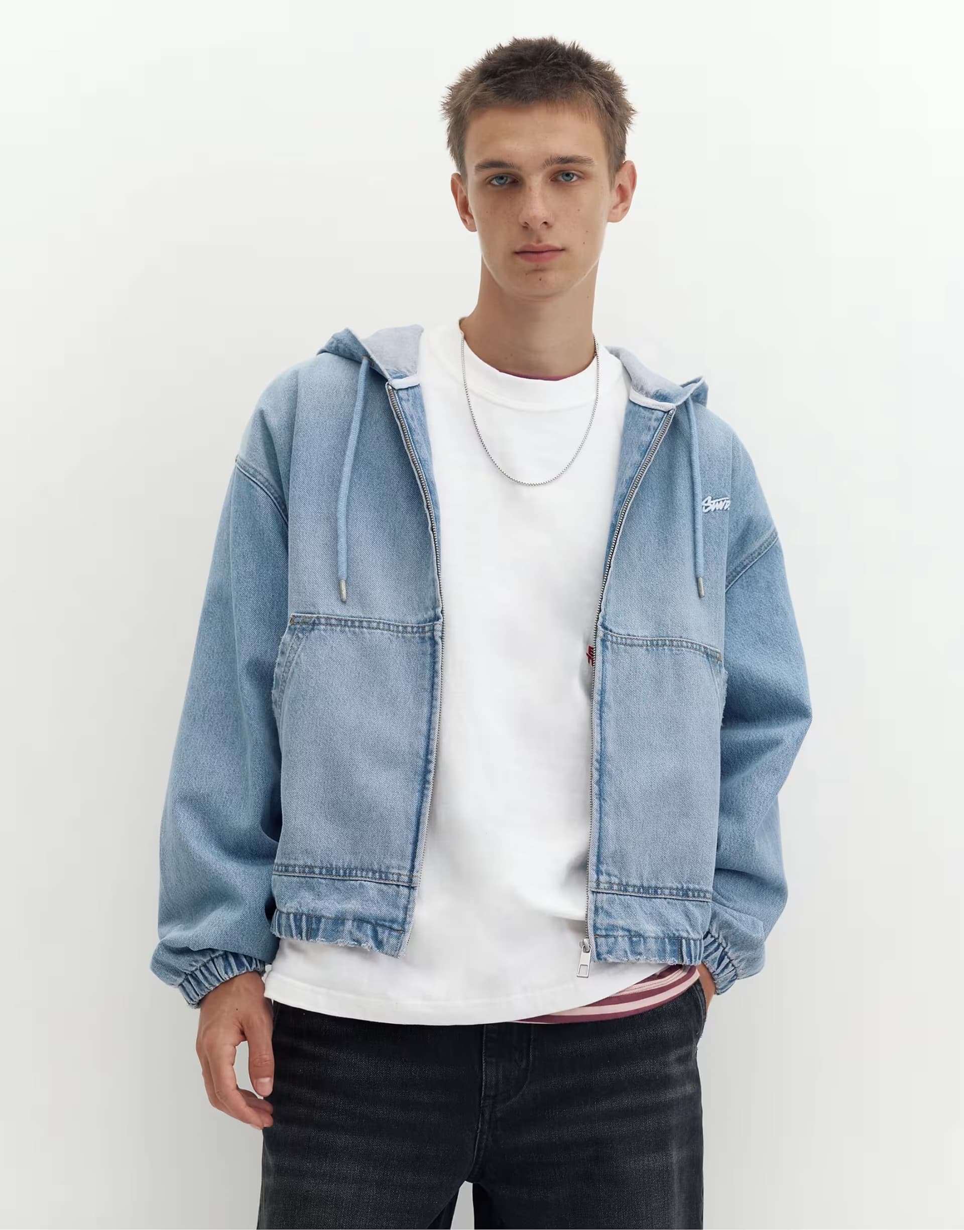 ASOS Pull&Bear Stwd zip-up hooded jacket in medium blue