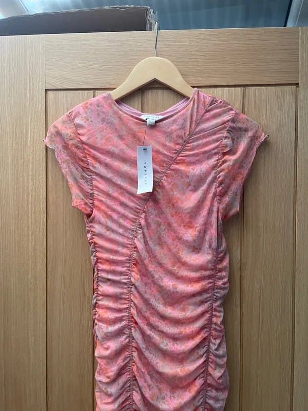 Topshop Topshop pink ruched long midaxi dress cap sleeves size 4 6 XS