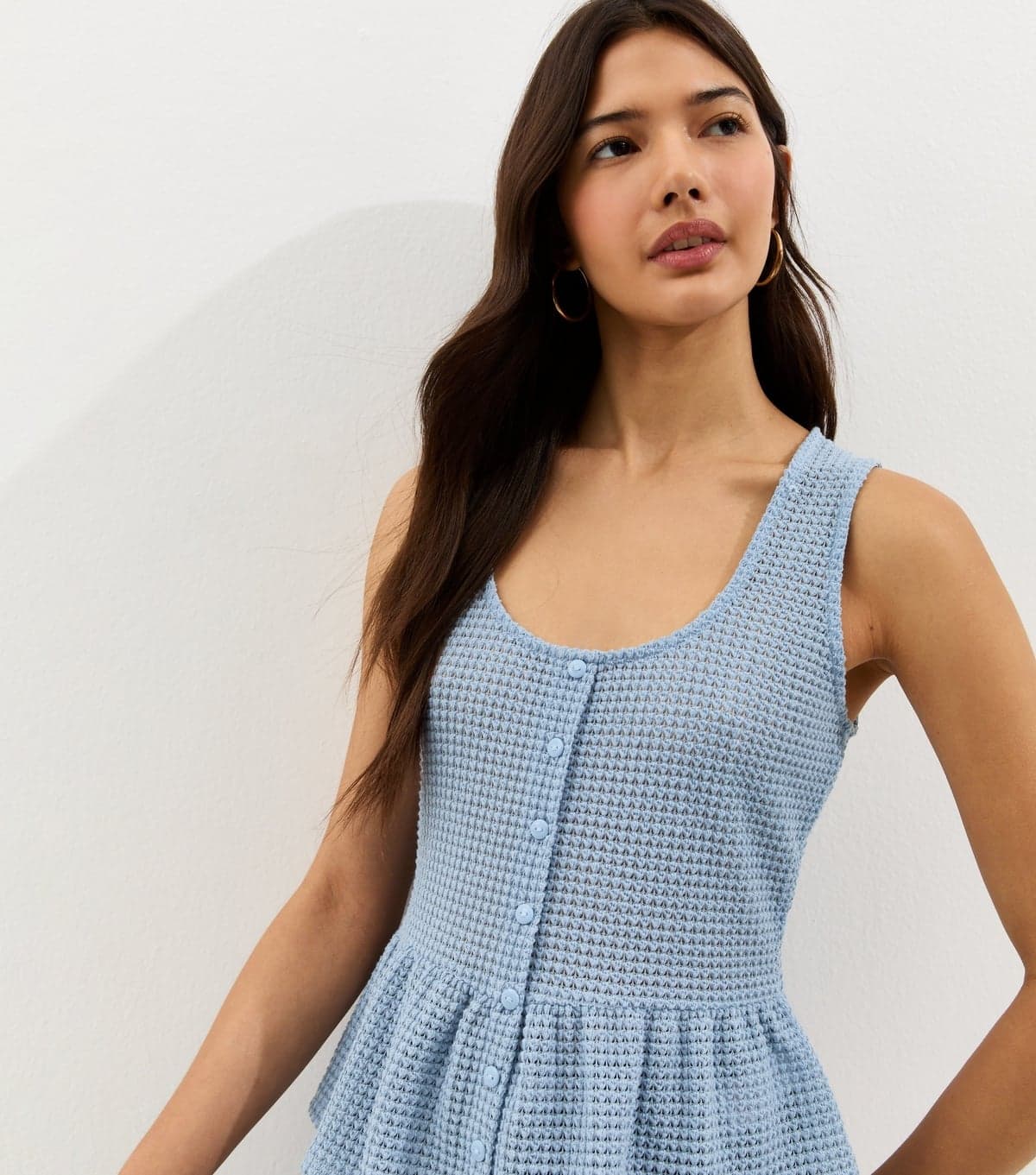 New Look Women's Blue Textured Knit Button Up Peplum Top New Look