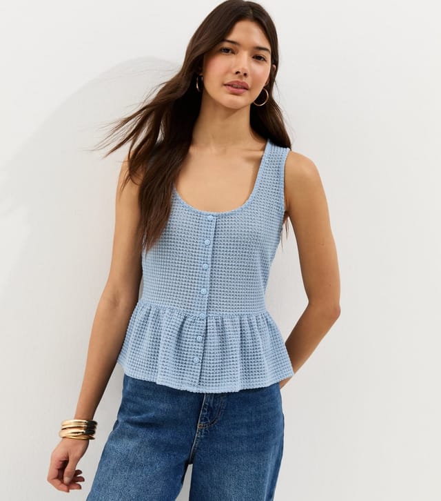 New Look Women's Blue Textured Knit Button Up Peplum Top New Look - 2