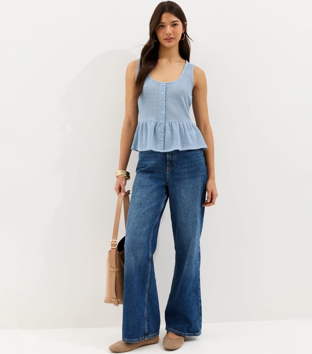 New Look Women's Blue Textured Knit Button Up Peplum Top New Look - 3