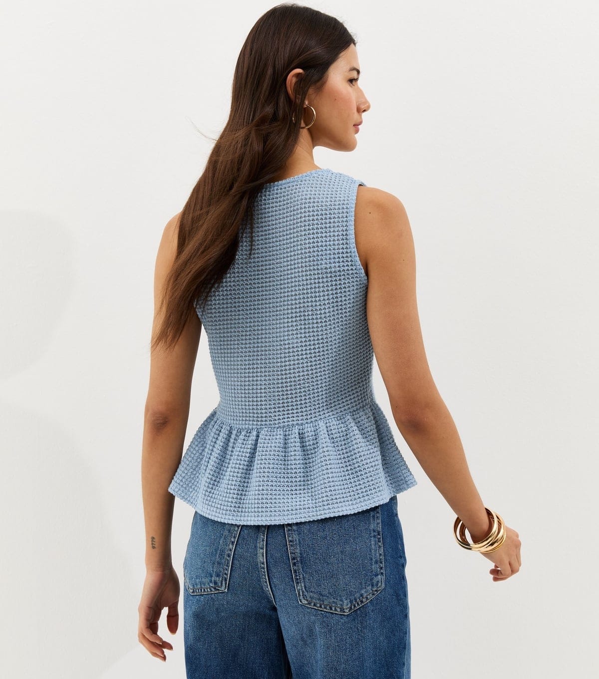 New Look Women's Blue Textured Knit Button Up Peplum Top New Look - 4