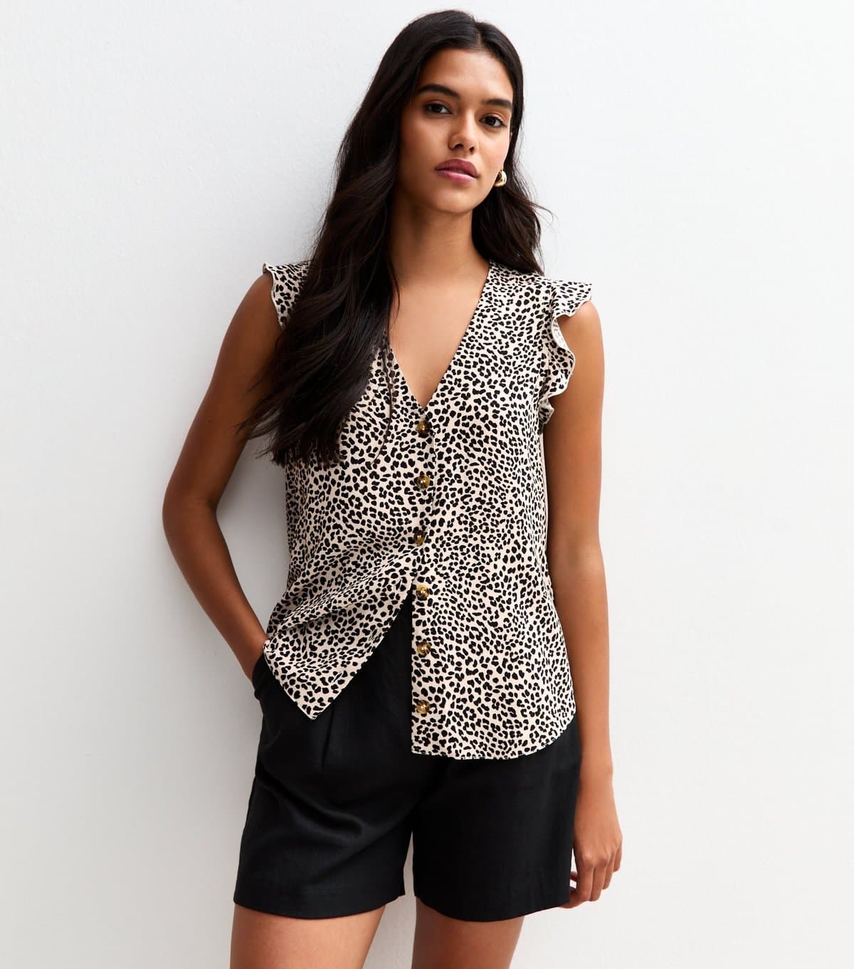 New Look Women's Brown Animal Print Frill Sleeveless Top New Look