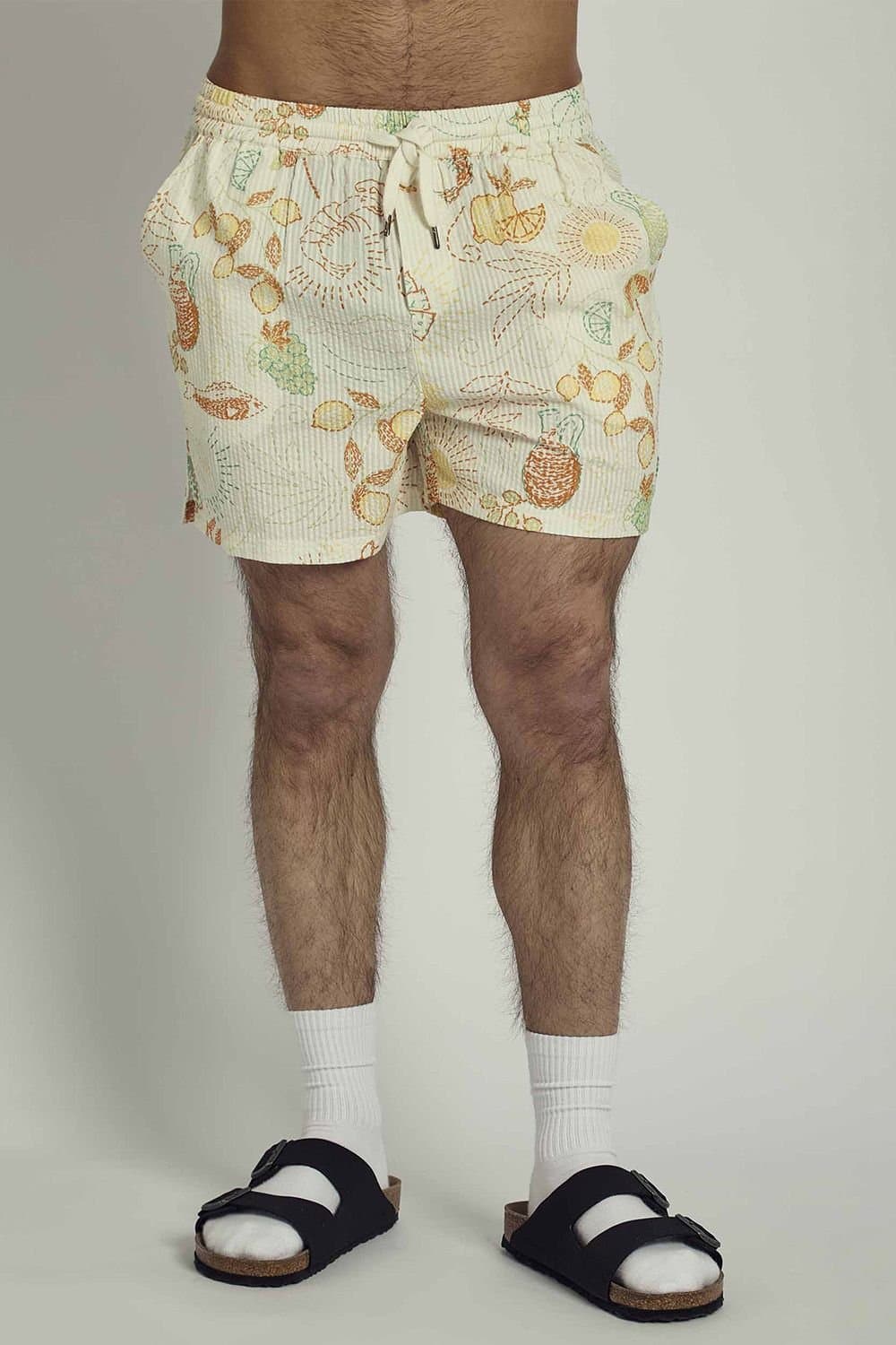 Native Youth Native Youth Men's Cotton Tropical Print Elasticated Shorts in Off-White