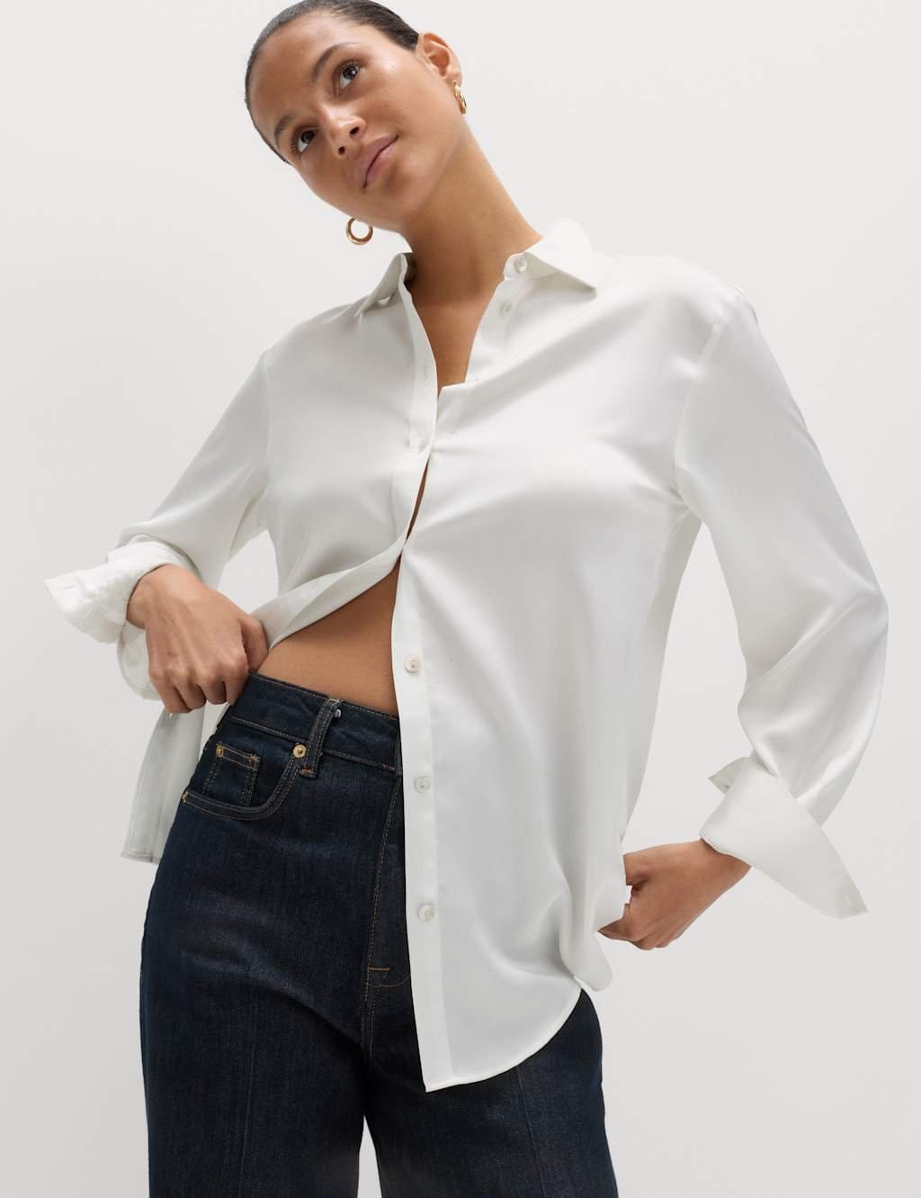Marks & Spencer M&S Satin Collared Shirt Ivory - 1