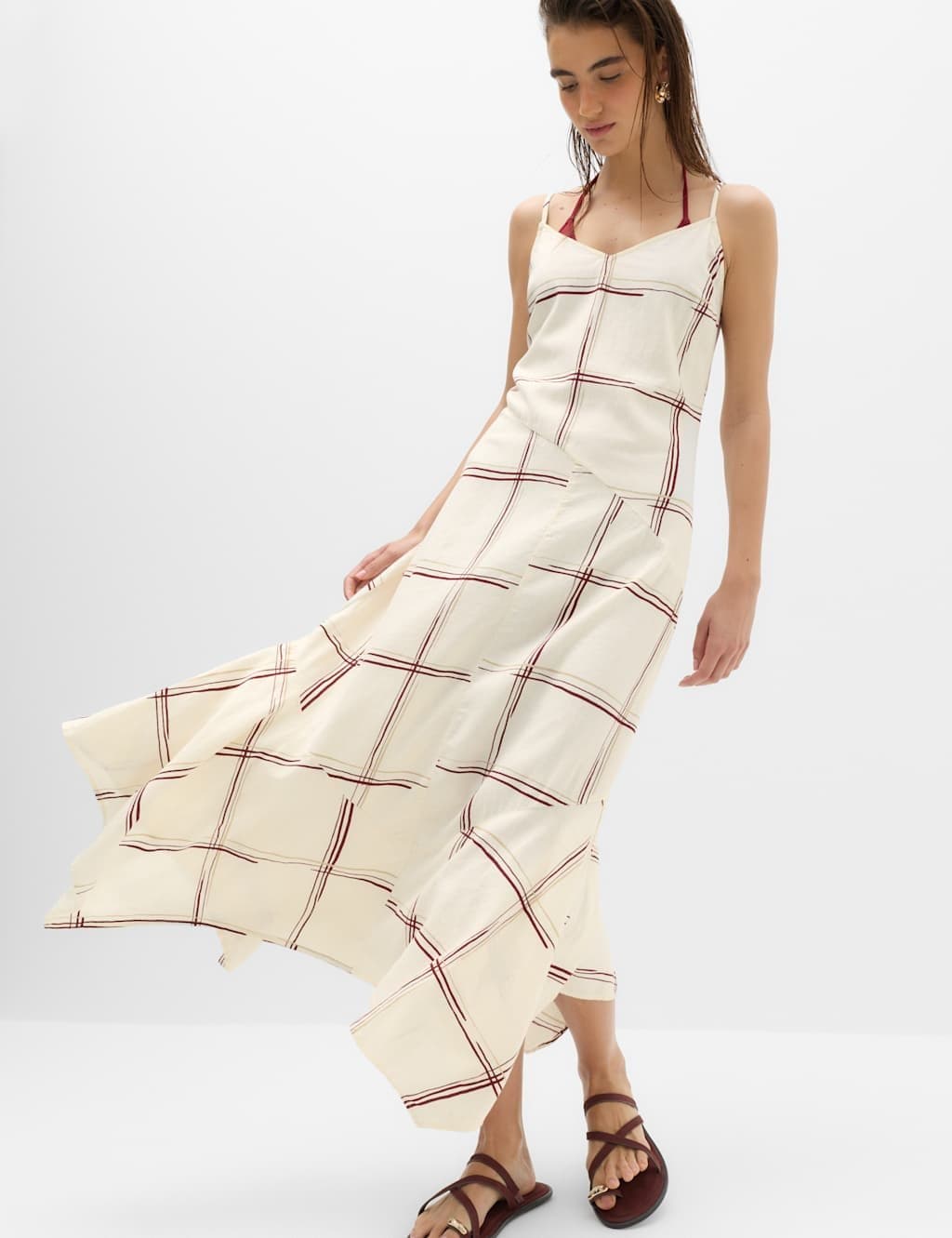 Marks & Spencer M&S Linen Rich Printed V-Neck Hanky Hem Dress Ivory Mix