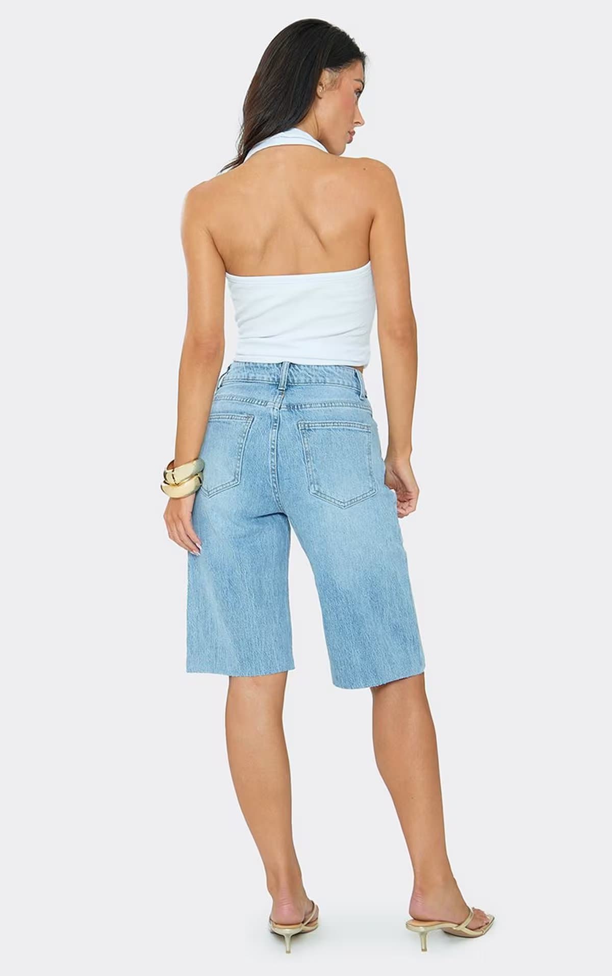 EGO Mid Rise Cross Over Waistband Jorts In Light Blue Denim, Women's Size UK 10