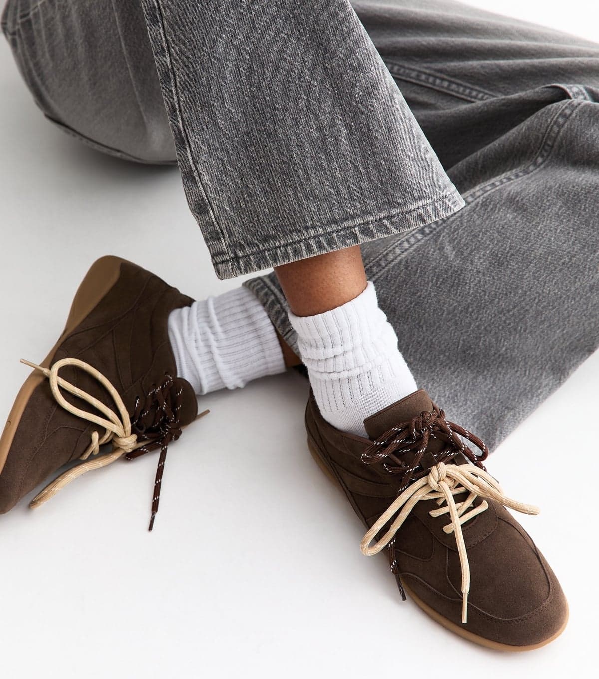 New Look Women's Brown Faux Suede Double Lace Trainers Vegan New Look