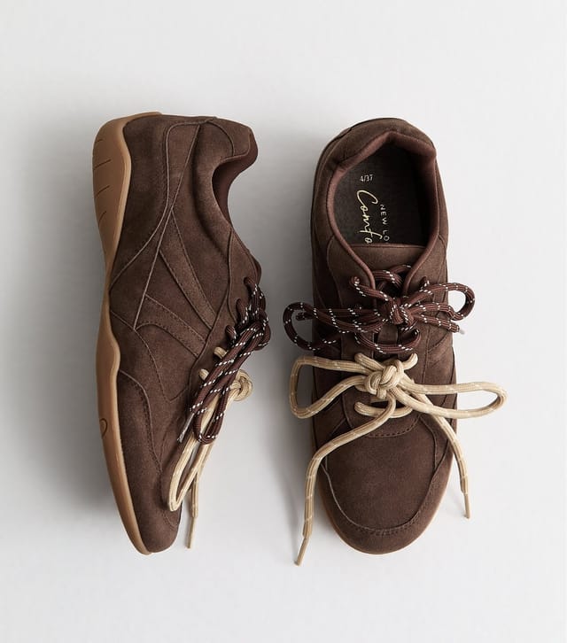 New Look Women's Brown Faux Suede Double Lace Trainers Vegan New Look - 2