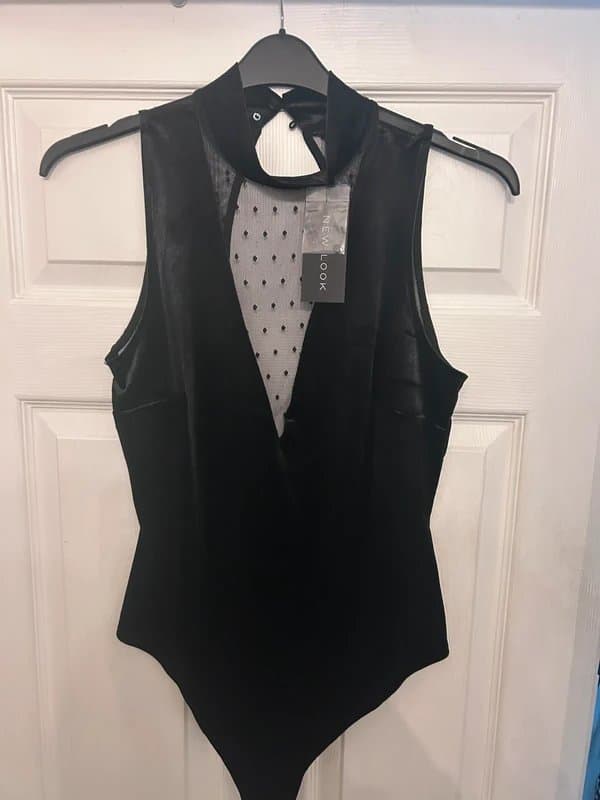 New Look Velvet and mesh black leotard - size 14