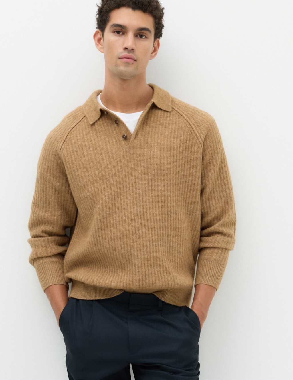 Marks & Spencer M&S Lofty Ribbed Buttoned Knitted Polo Shirt Butterscotch
