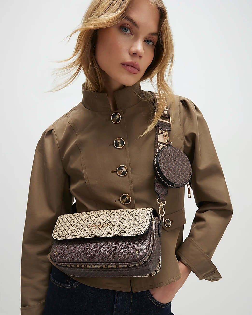 River Island River Island Womens Brown Monogram Print Cross Body Bag