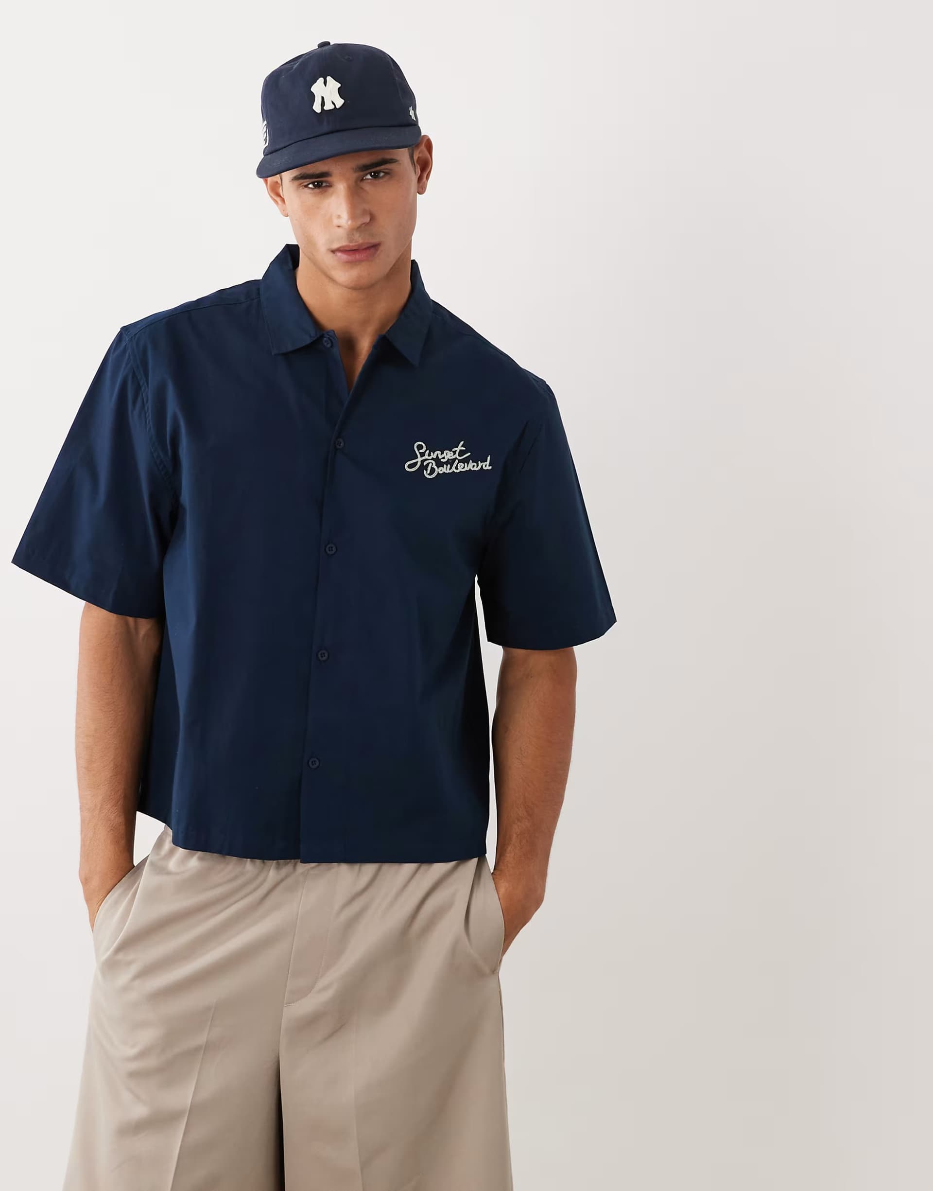 ASOS Threadbare 100% cotton short sleeve shirt with sunset graphic in navy