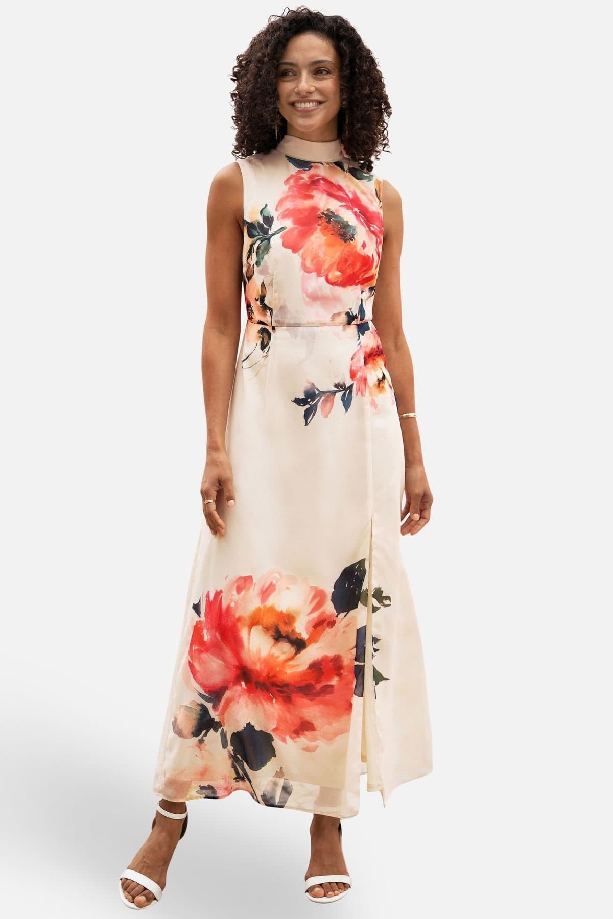 Yumi Yumi Women's Ivory Flower Halter Neck Maxi Dress in Warm White