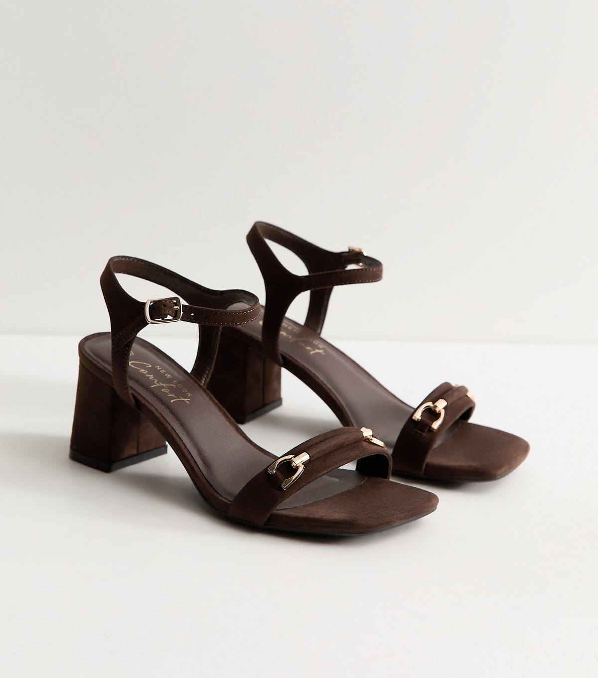 New Look Women's Dark Brown Faux Suede Horsebit Detail Block Heel Sandals Vegan New Look - 4