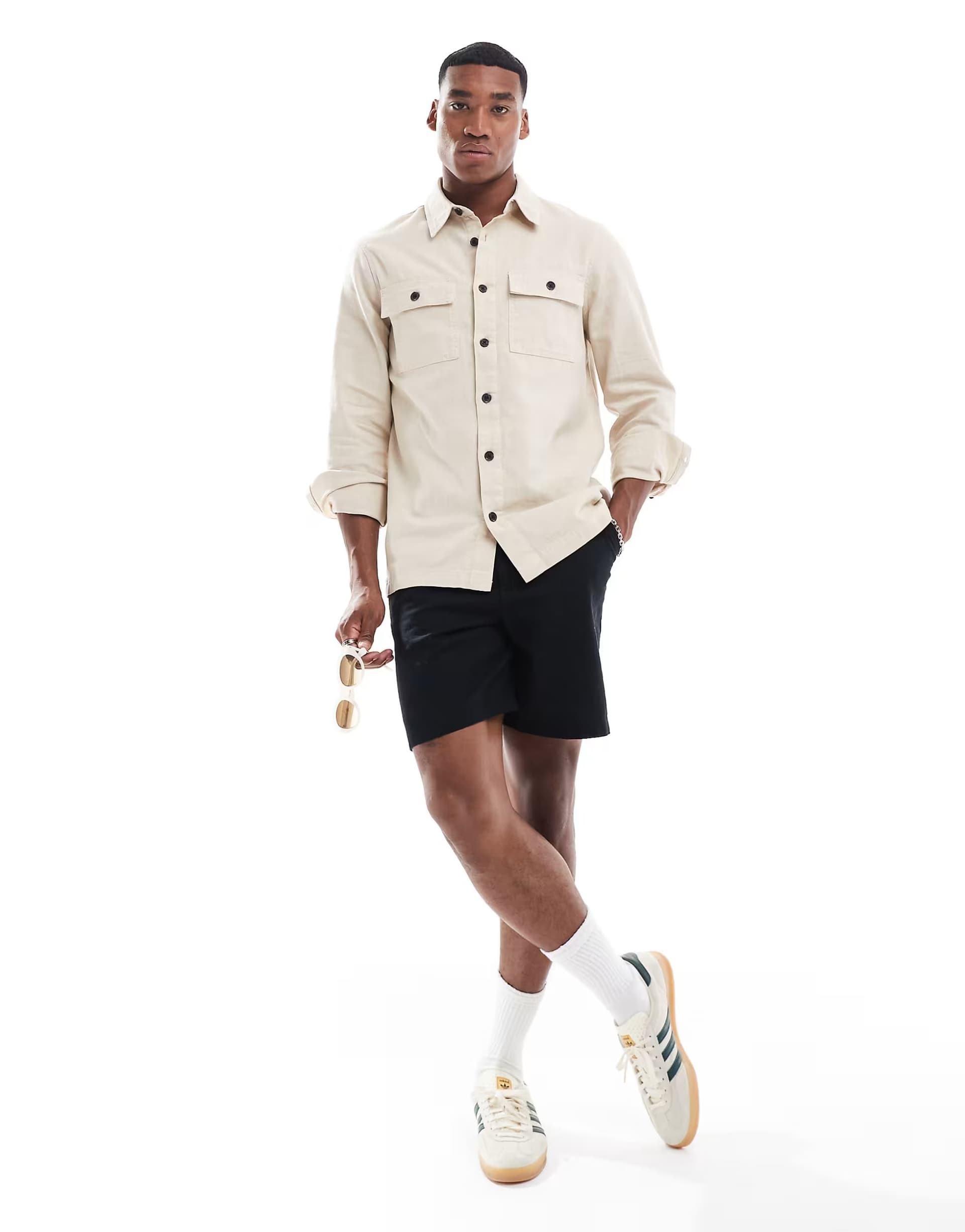 ASOS Threadbare long sleeve linen slub shirt with utlity pockets in stone