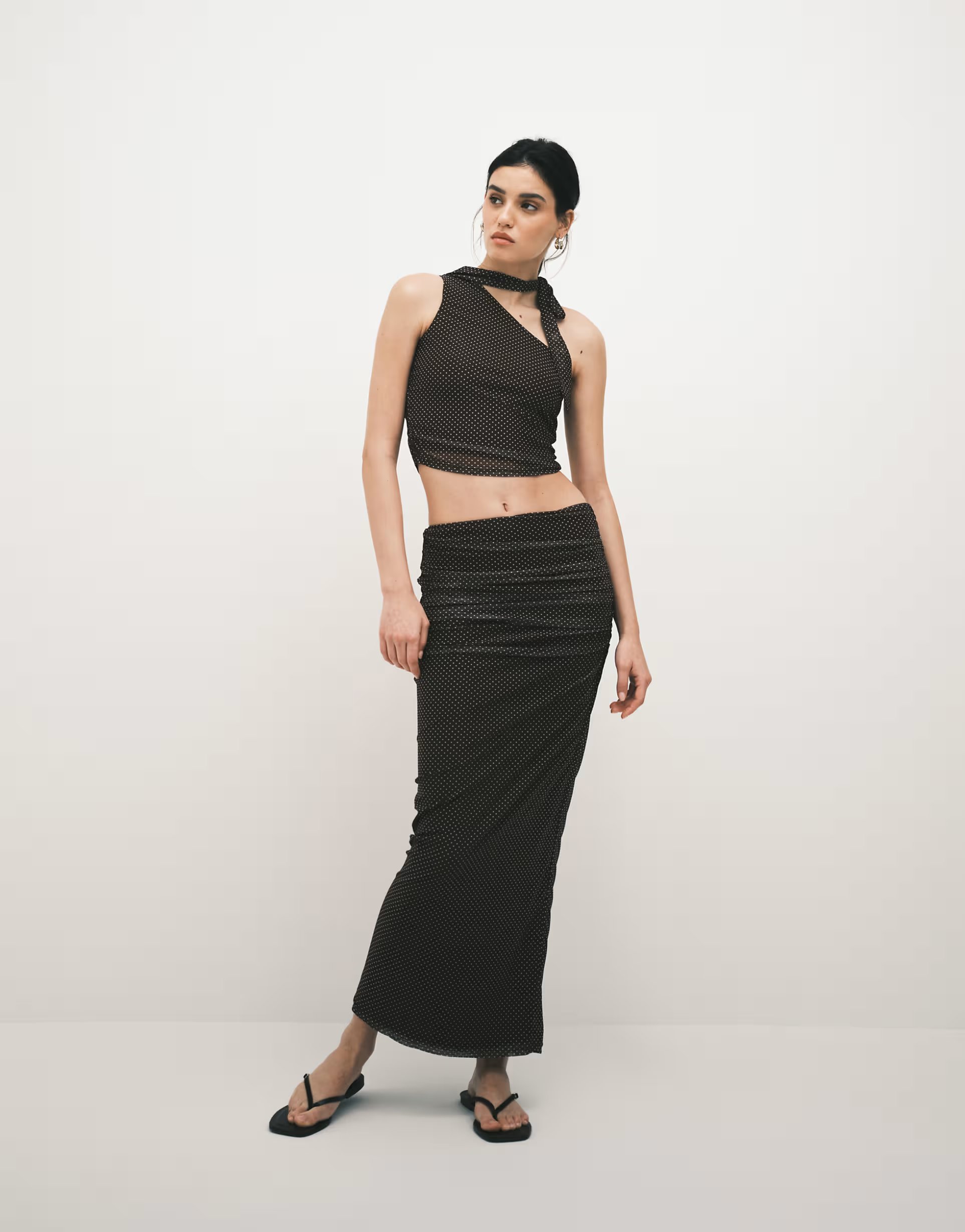 ASOS The Frolic exclusive mesh overlay ruched front detail maxi skirt co-ord in chocolate polka dot - 1
