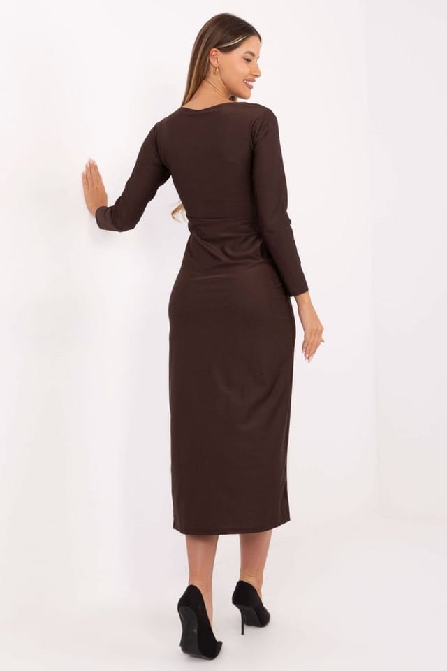 Love Lace Love Lace Women's Elegant Wrap Midi Evening Dress with Ruching in Brown - 3