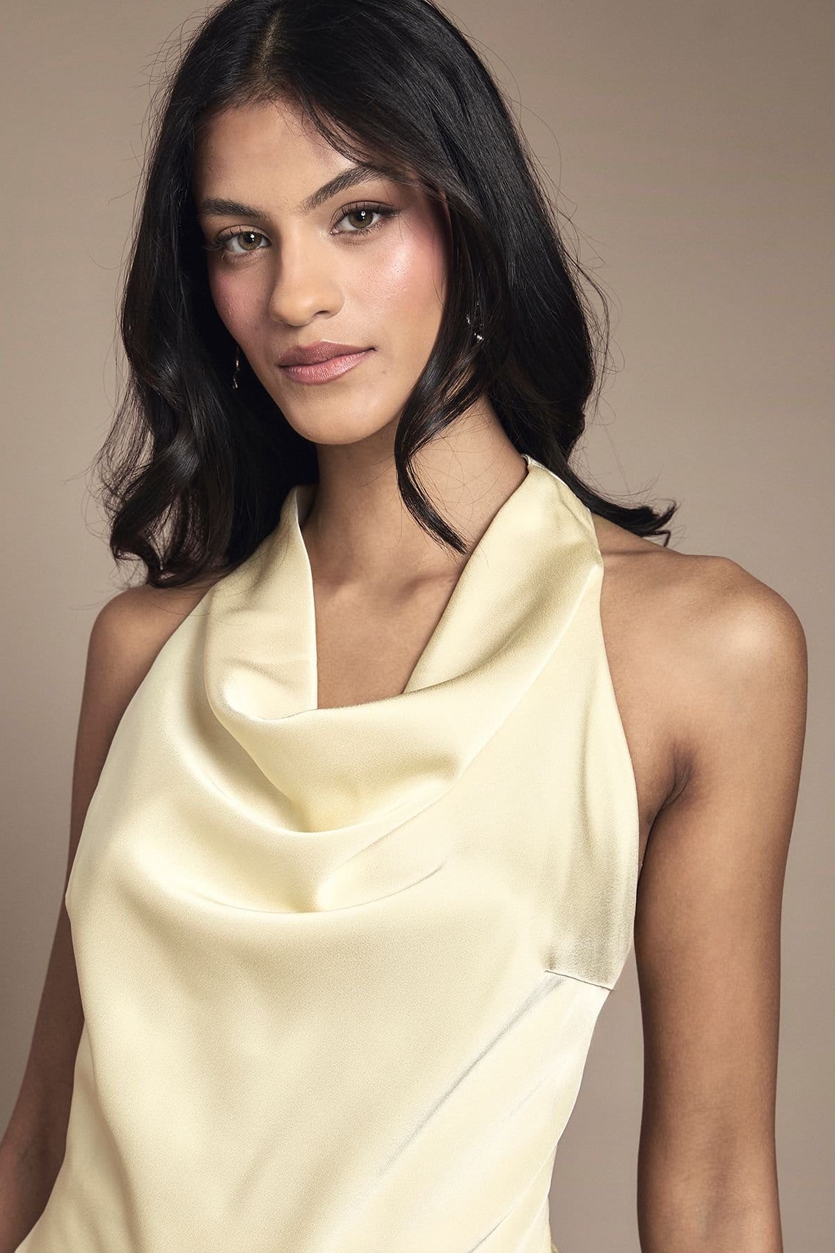 Oasis Oasis Women's Petite Cowl Halterneck Satin Maxi Bridesmaid Dress in Lemon - 4