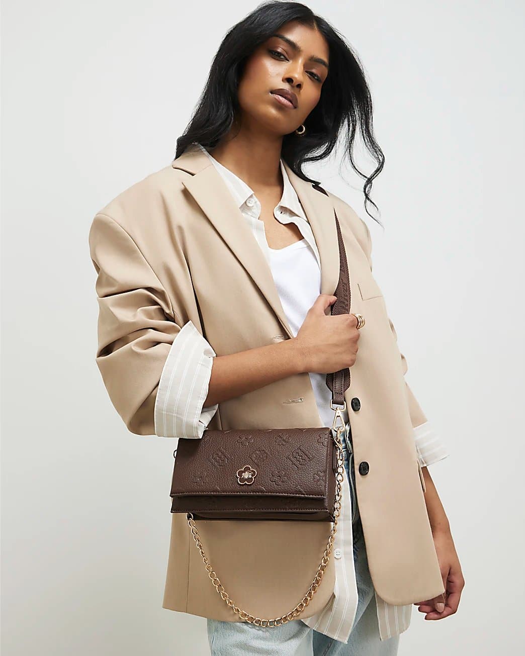 River Island River Island Womens Brown Embossed Monogram Cross Body Bag