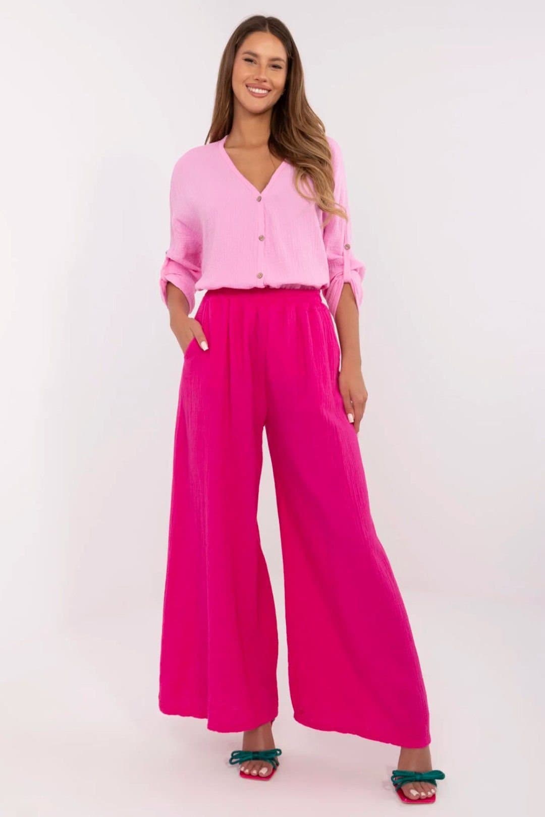 Love Lace Love Lace Women's Light Muslin Palazzo Cotton Trousers Elastic Waist in Pink