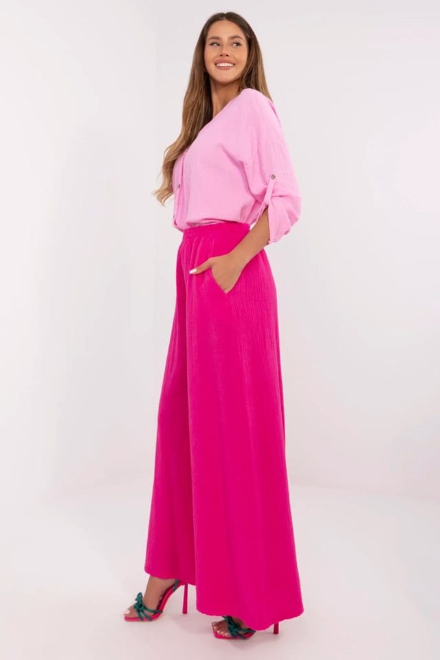 Love Lace Love Lace Women's Light Muslin Palazzo Cotton Trousers Elastic Waist in Pink - 2
