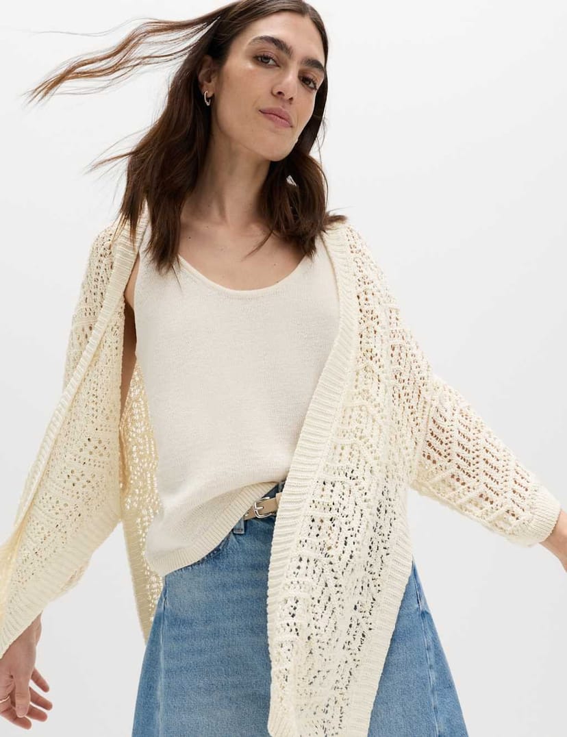 Marks & Spencer M&S Textured Edge to Edge Longline Cardigan Natural - 1