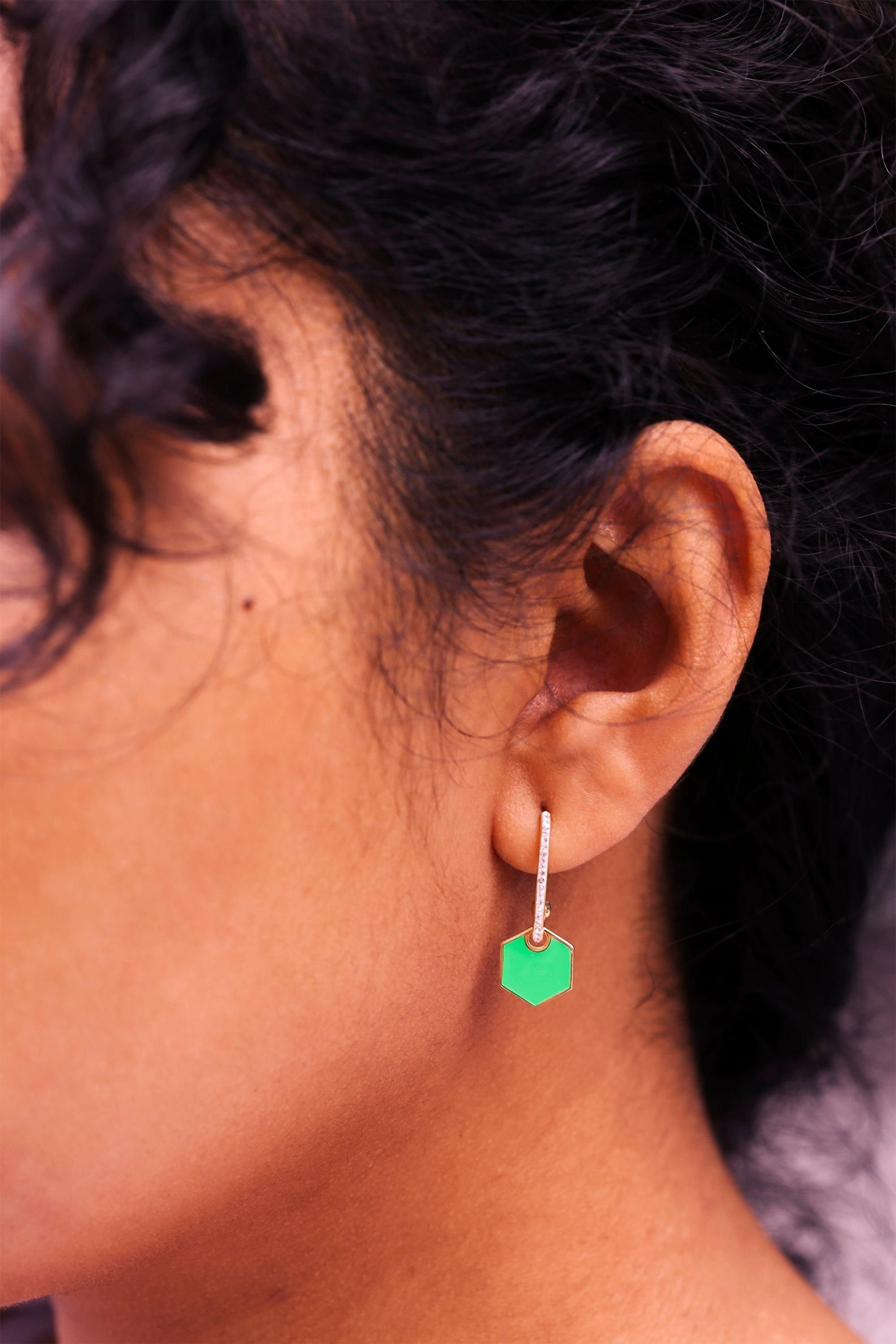 The Fine Collective The Fine Collective Women's Green Enamel & Crystal Hexagon Stud Earrings in Gold - 2