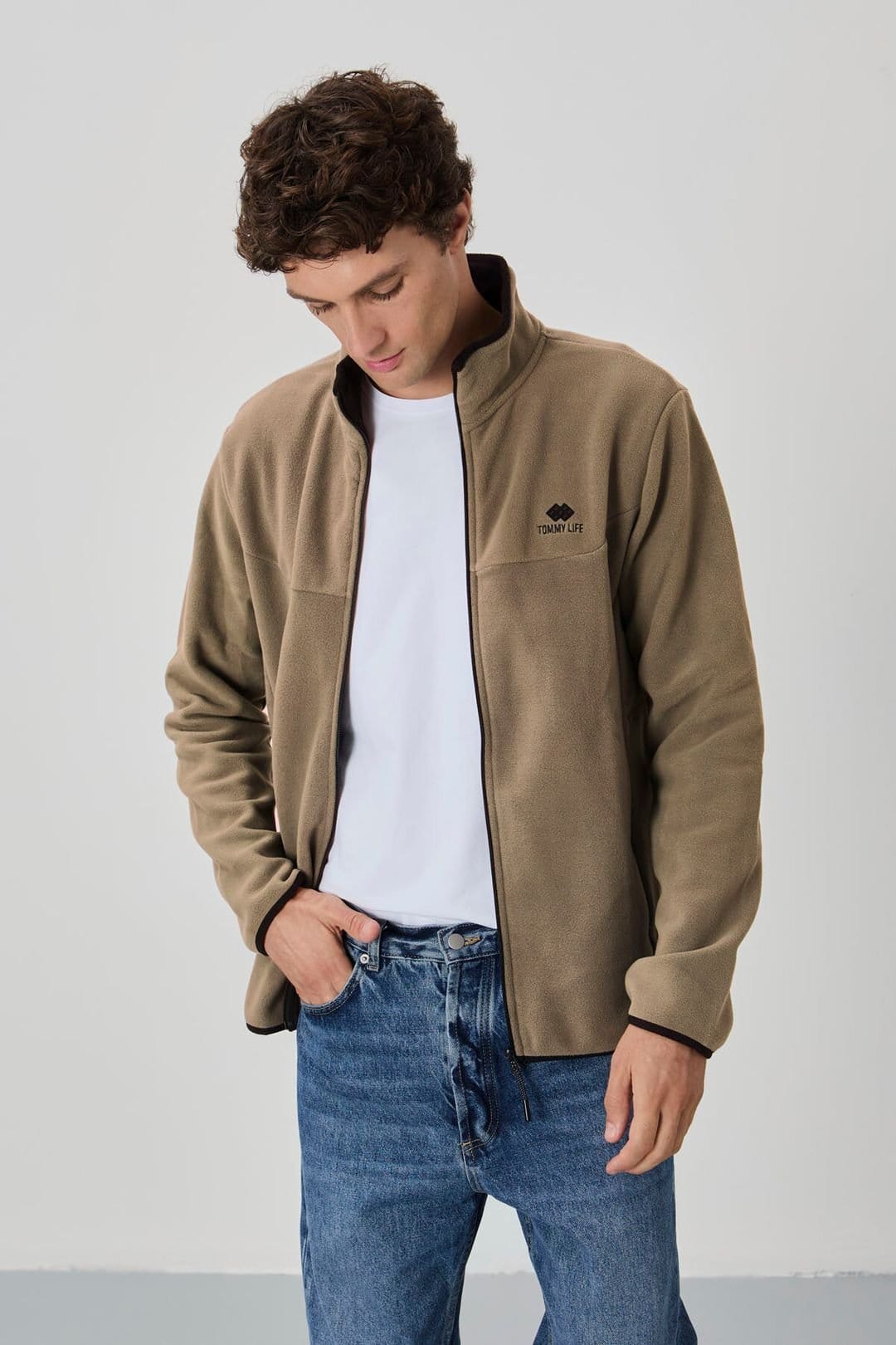 Tommy Life Tommy Life Men's Plush Zip-front Sweatshirt in Camel - 4