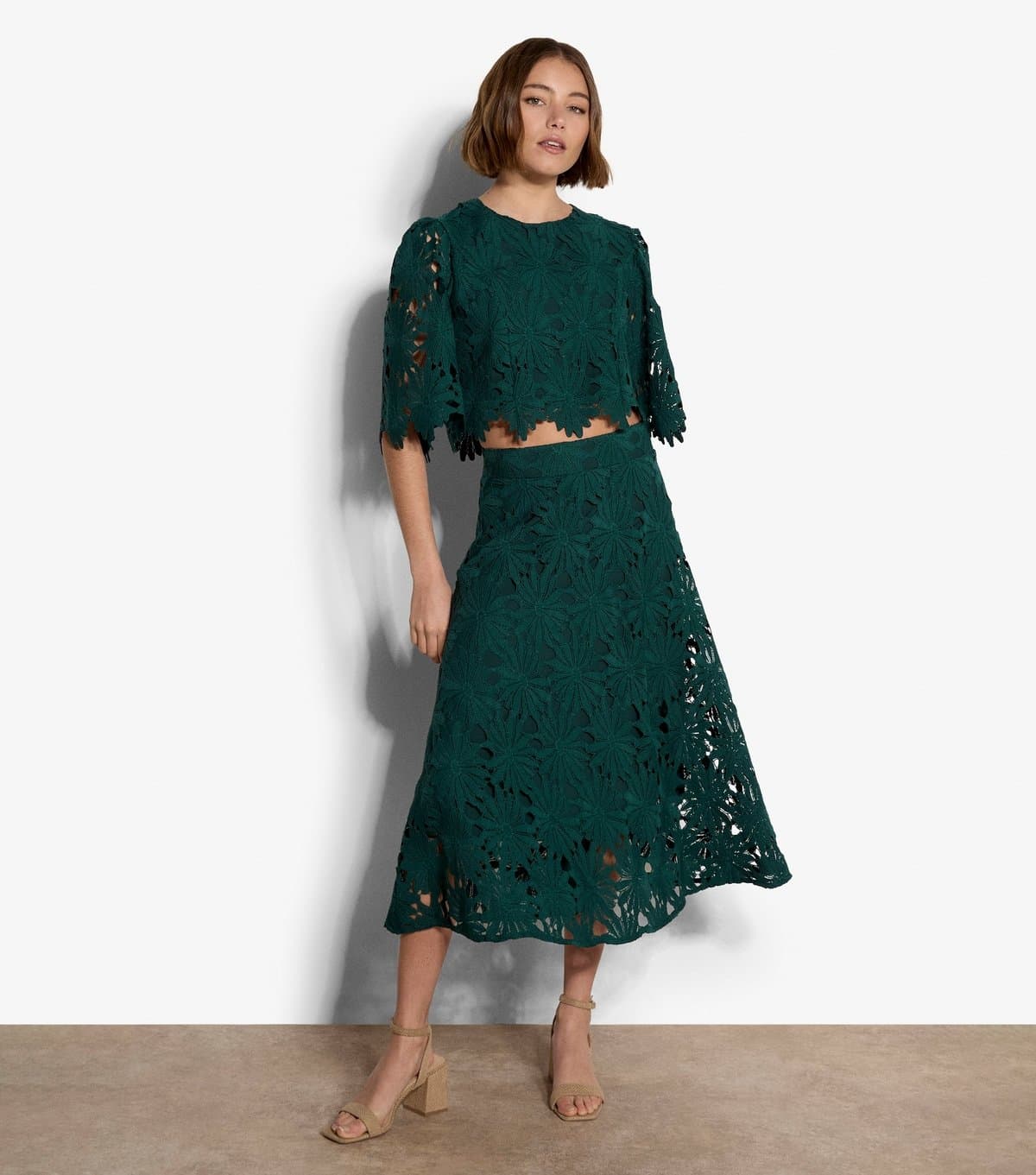 Apricot Women's Dark Green Daisy Lace Midi Skirt Apricot New Look