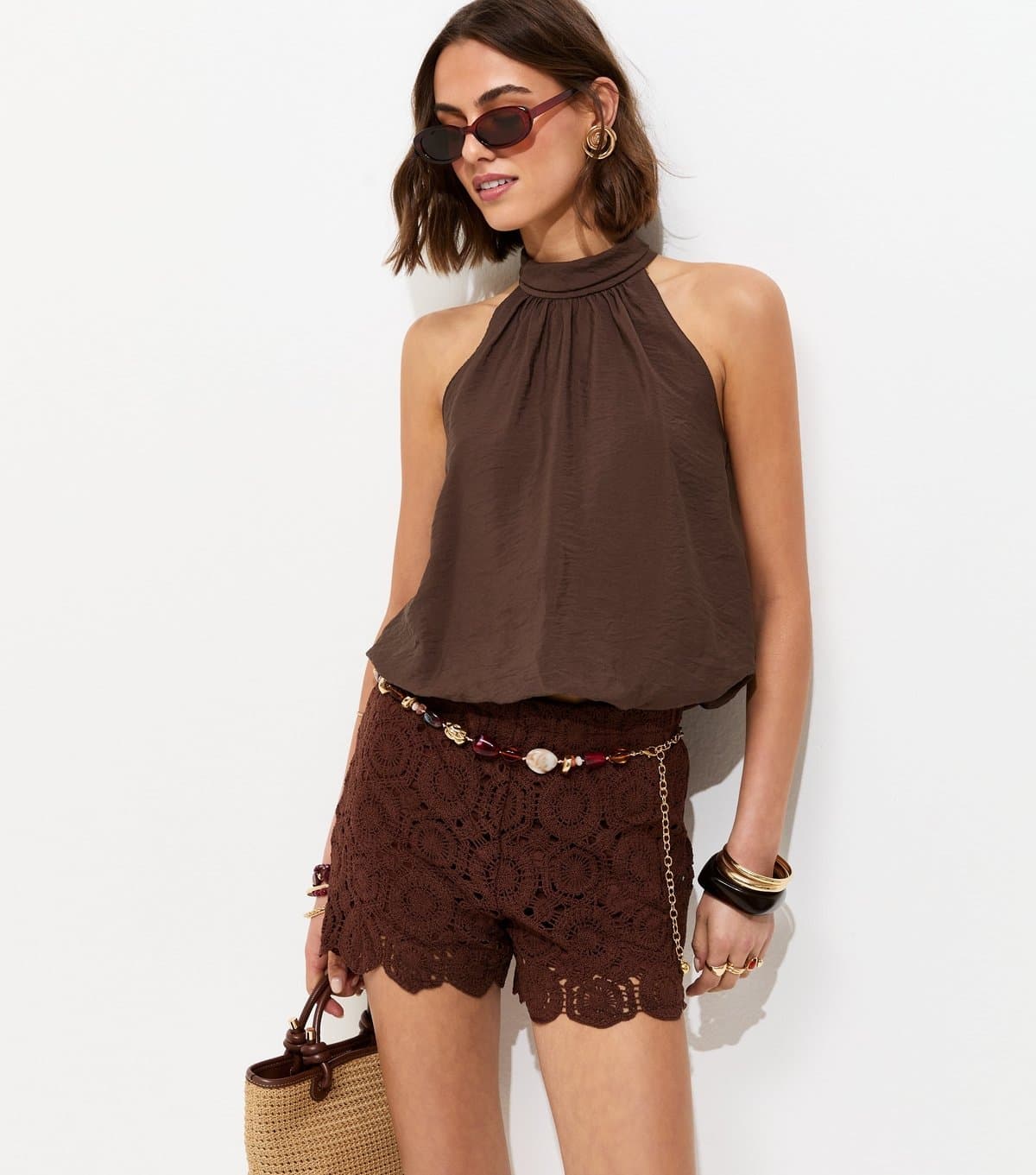 New Look Women's Dark Brown Tie Neck Cropped Bubble Hem Blouse New Look