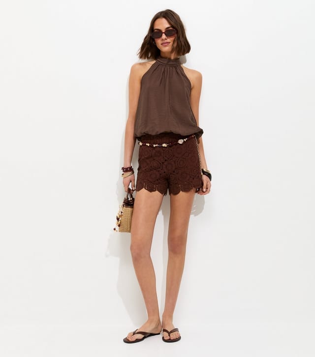 New Look Women's Dark Brown Tie Neck Cropped Bubble Hem Blouse New Look - 3