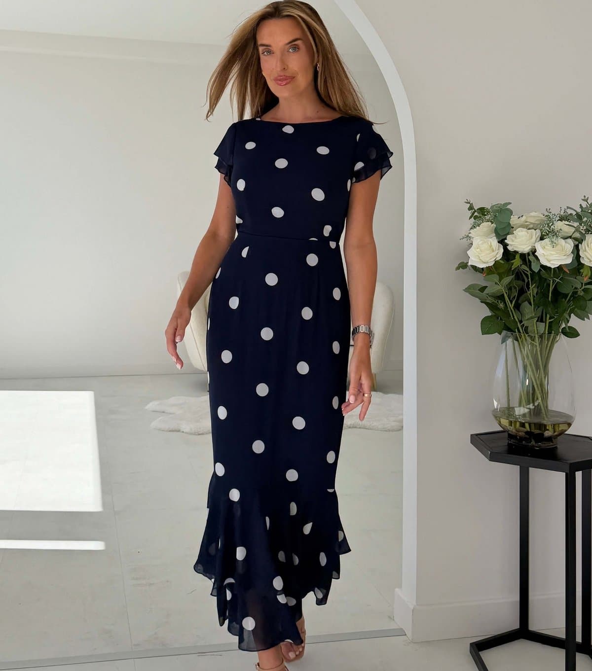 Girl In Mind Women's Navy Polka Dot Boat Neck Frill Midi Dress Girl in Mind New Look