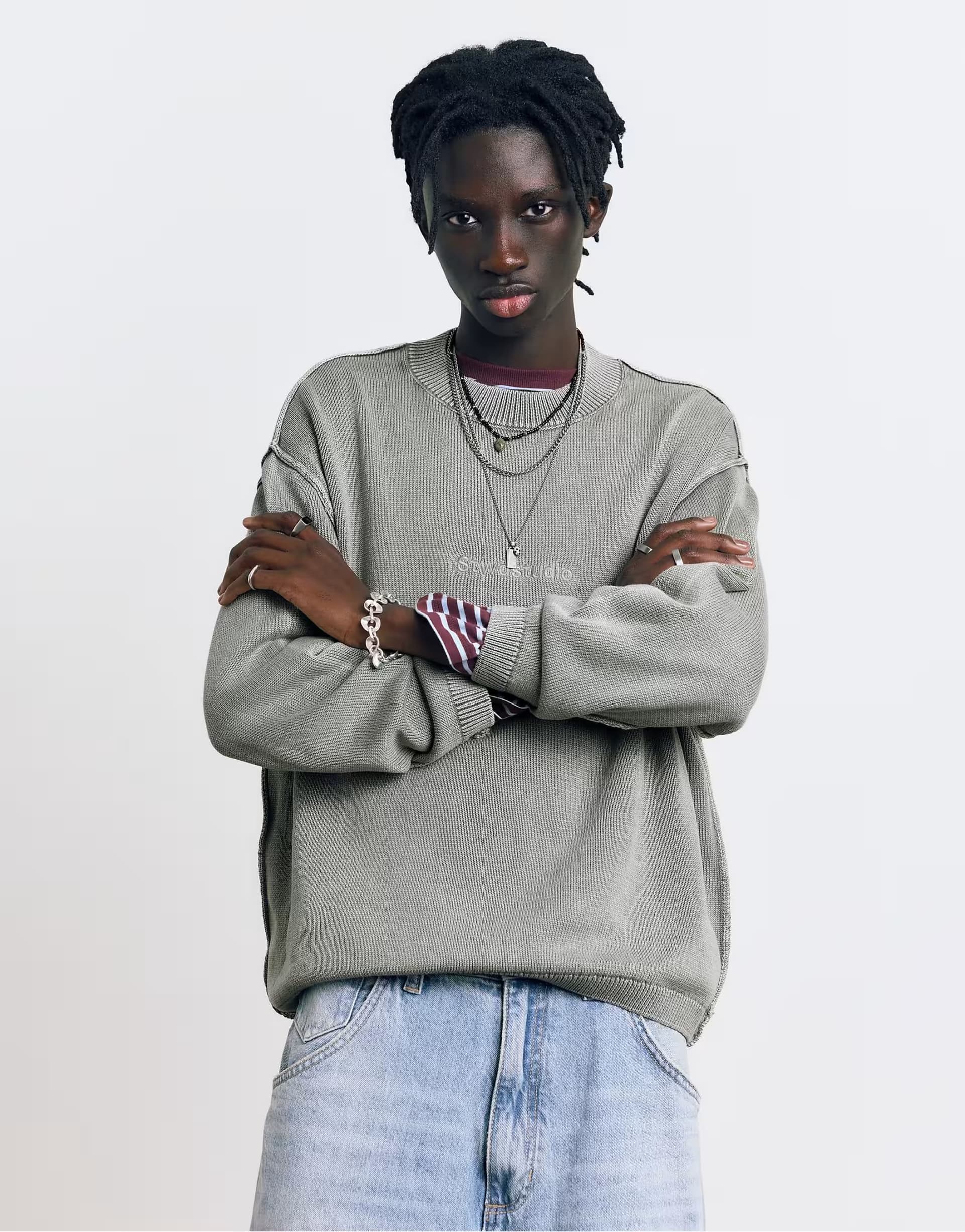ASOS Pull&Bear Stwd studio embroidered jumper in faded black
