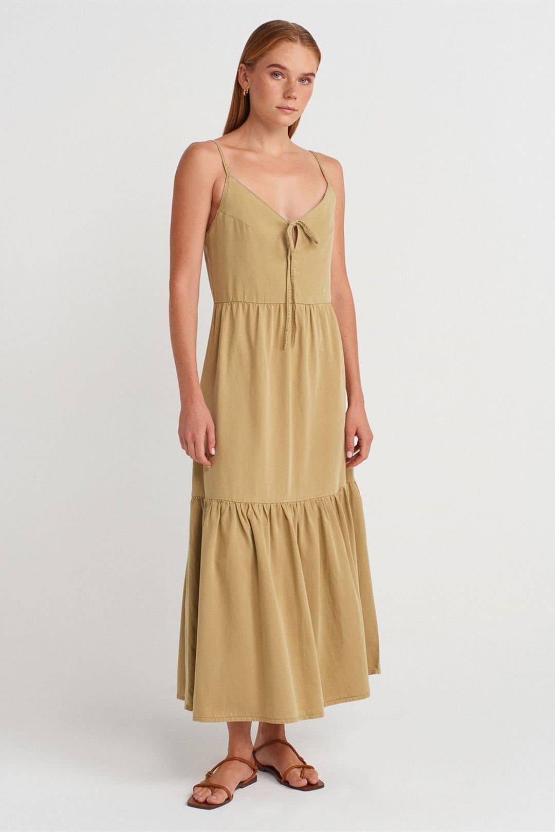 Dilvin Dilvin Women's Sleeveless A-line Maxi Dress With Tie Front in Khaki