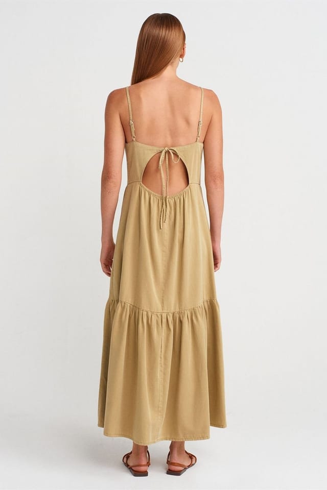 Dilvin Dilvin Women's Sleeveless A-line Maxi Dress With Tie Front in Khaki - 2