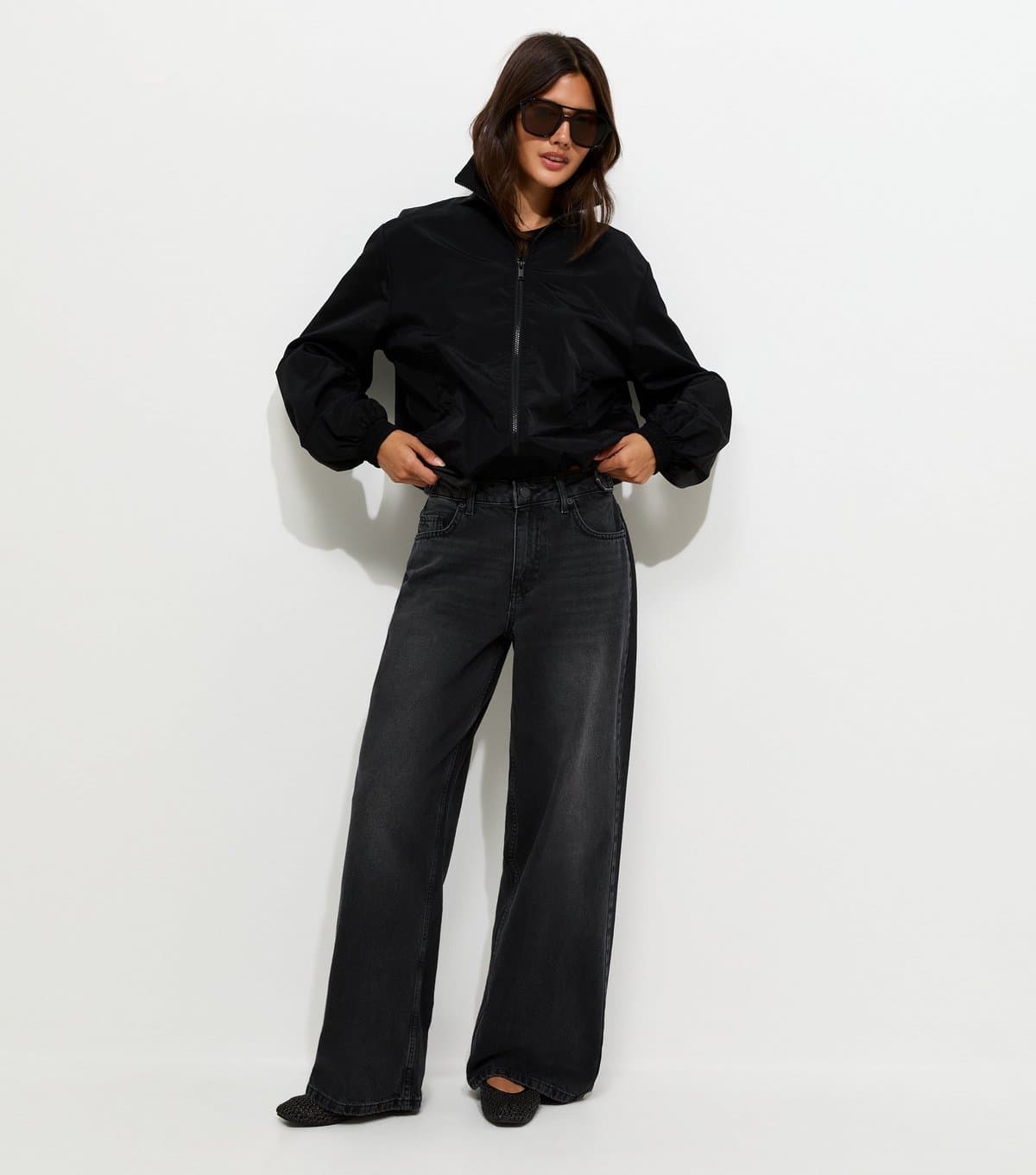 New Look Women's Washed Black Distressed Wash Wide Leg Jeans New Look