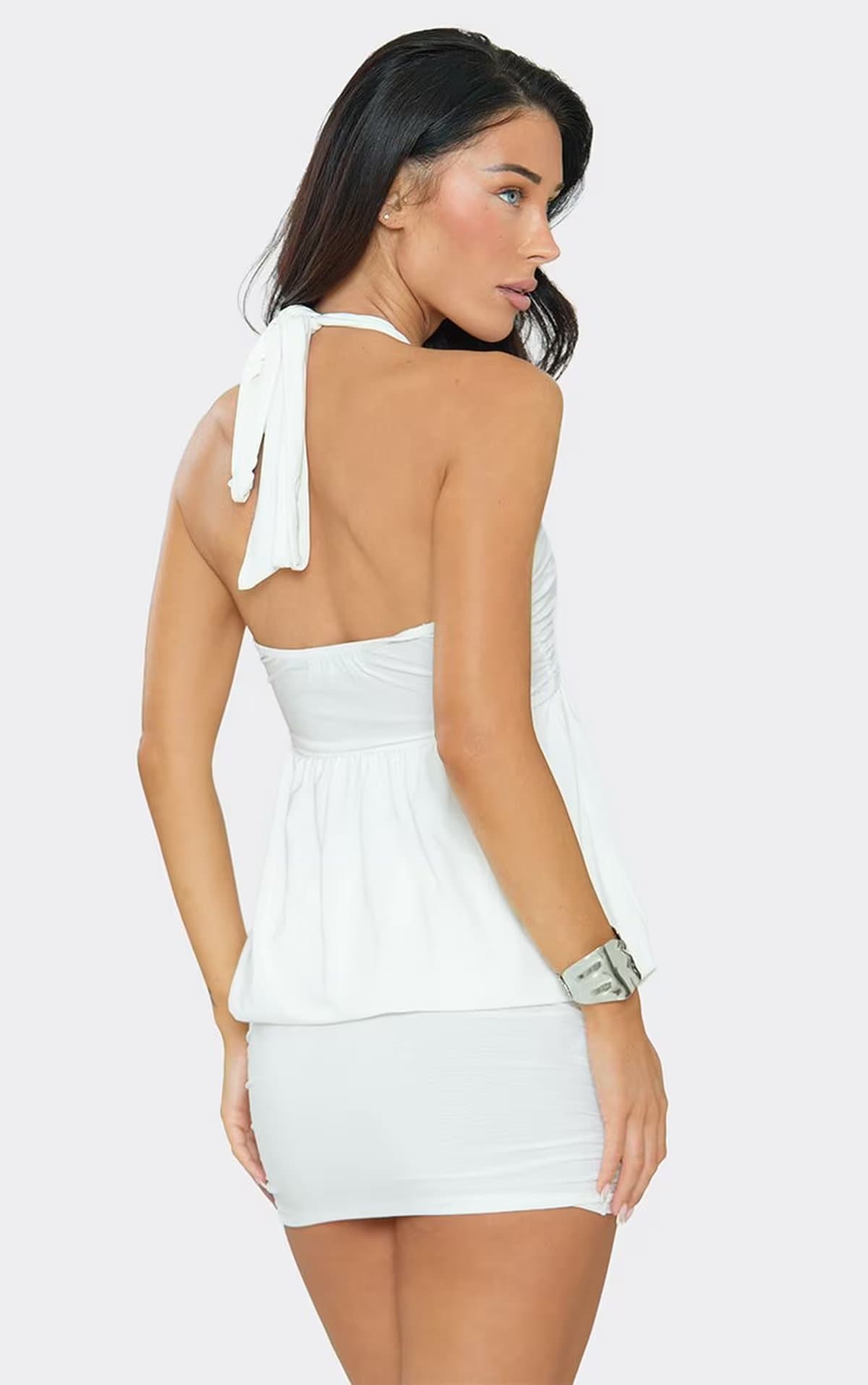 EGO Halterneck Ruched Blouson Mini Dress In White., Women's Size UK 6