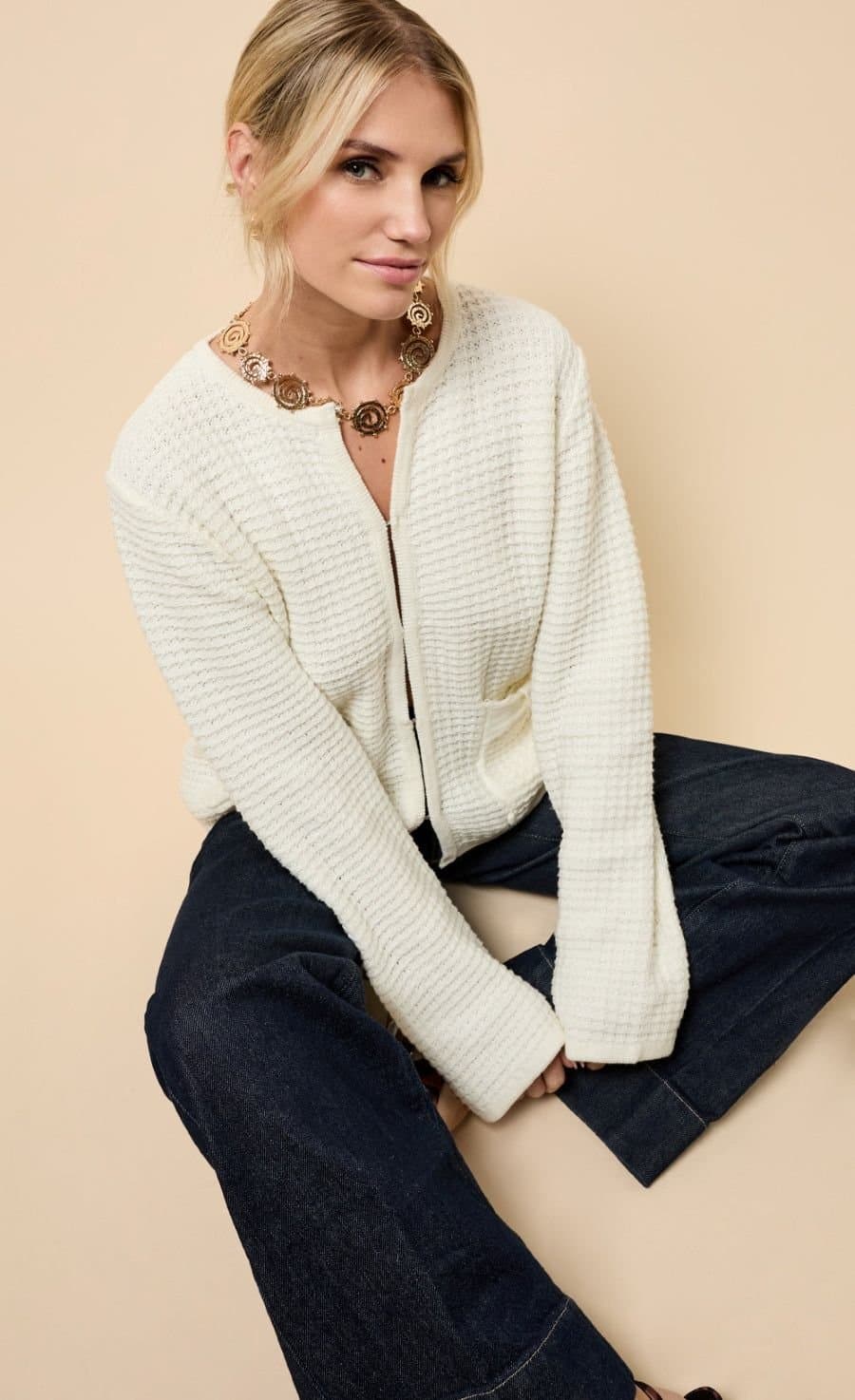 Little Mistress Little Mistress Women's Cream Knitted Bow Pocket Detail Cardigan