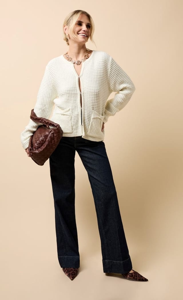 Little Mistress Little Mistress Women's Cream Knitted Bow Pocket Detail Cardigan - 3