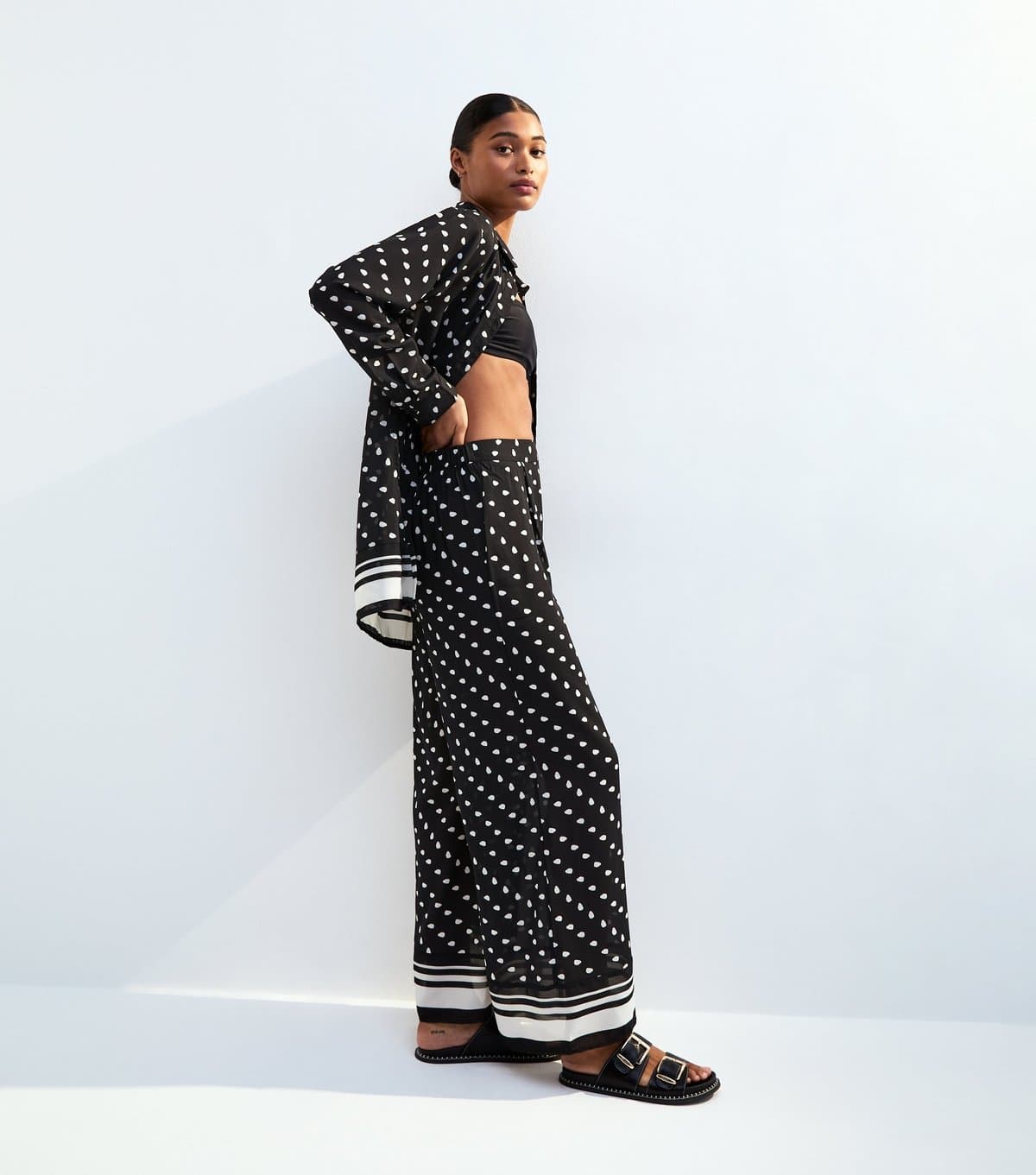 New Look New Look Black Polka Dot Wide Leg Beach Trousers