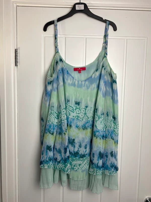 Together Together Floaty Cami Top UK 18 Blue Green Chiffon Layered Summer Vest