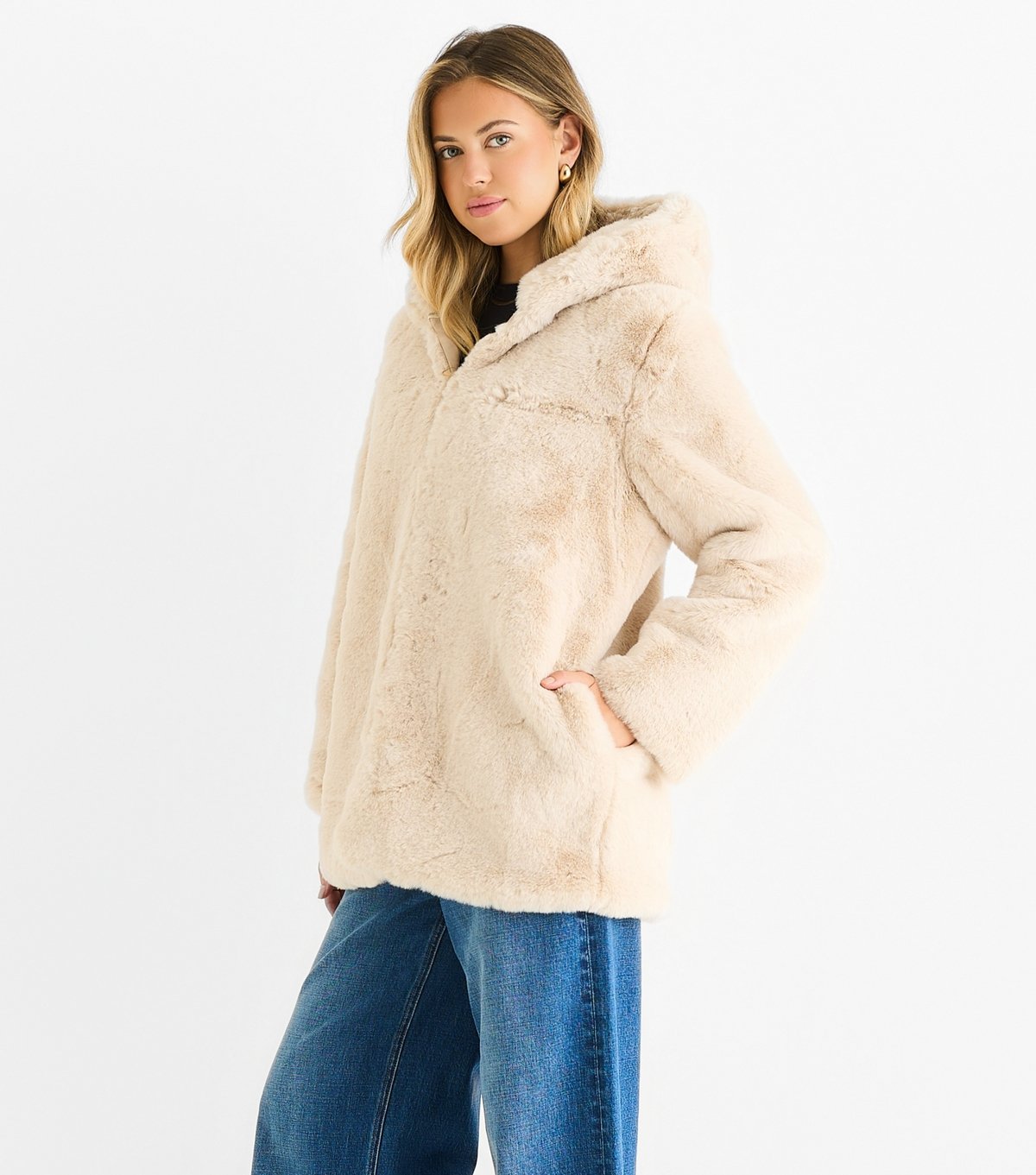 Gini London Women's Stone Faux Fur Hooded Jacket Gini London New Look - 3