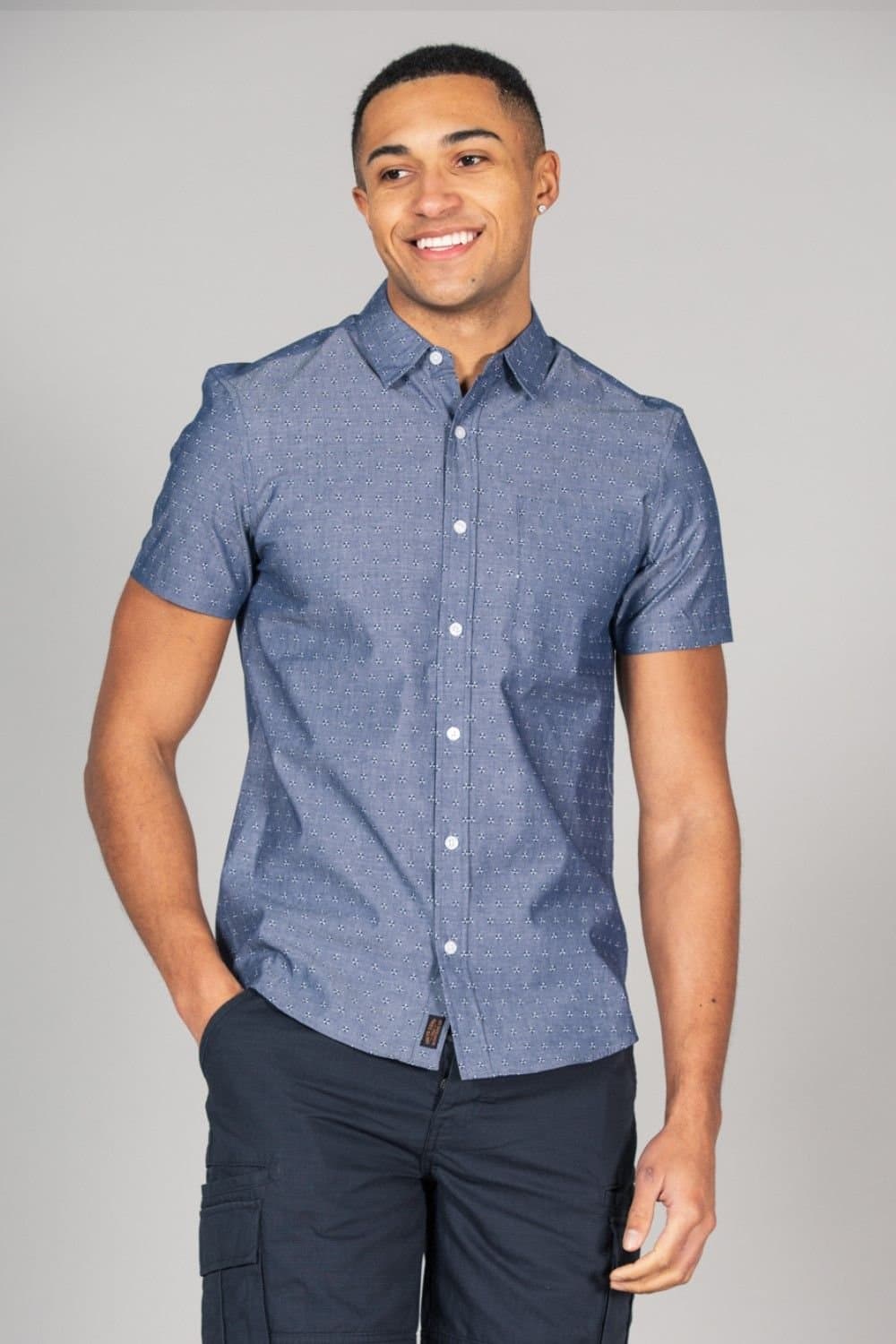 Tokyo Laundry Tokyo Laundry Men's Cotton Short Sleeve Button-Up Printed Shirt with Chest Pocket in Mid Blue