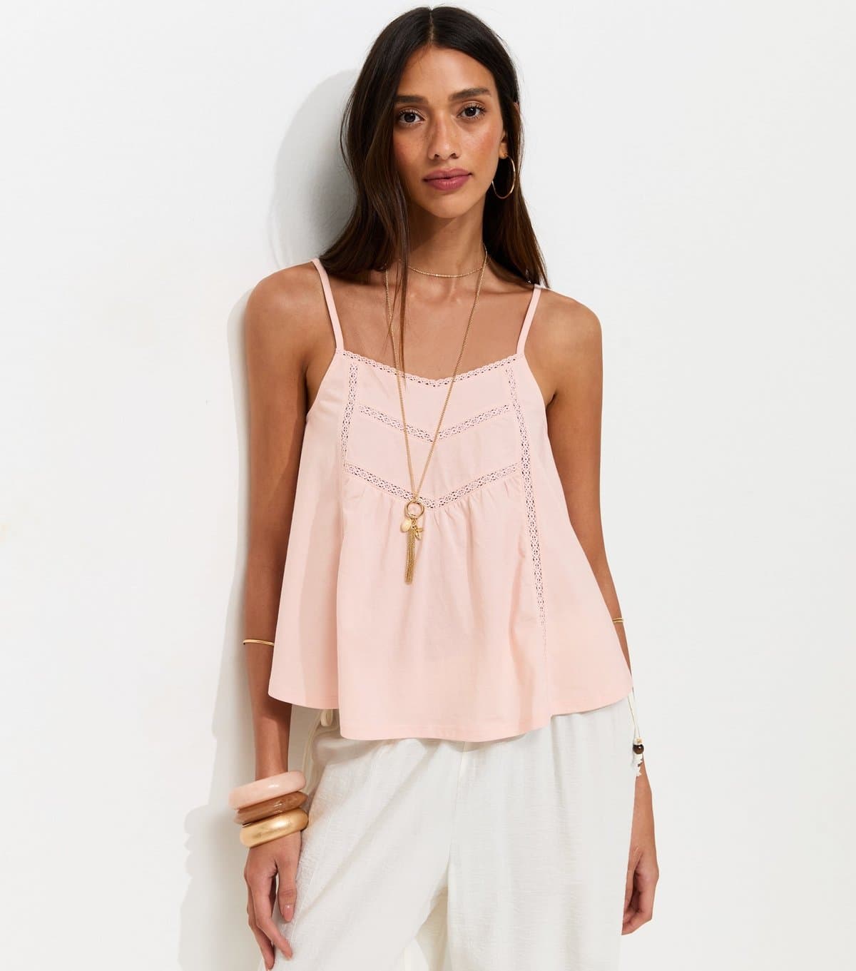 New Look Women's Light Pink Lace Trim V-Neck Cami Top New Look