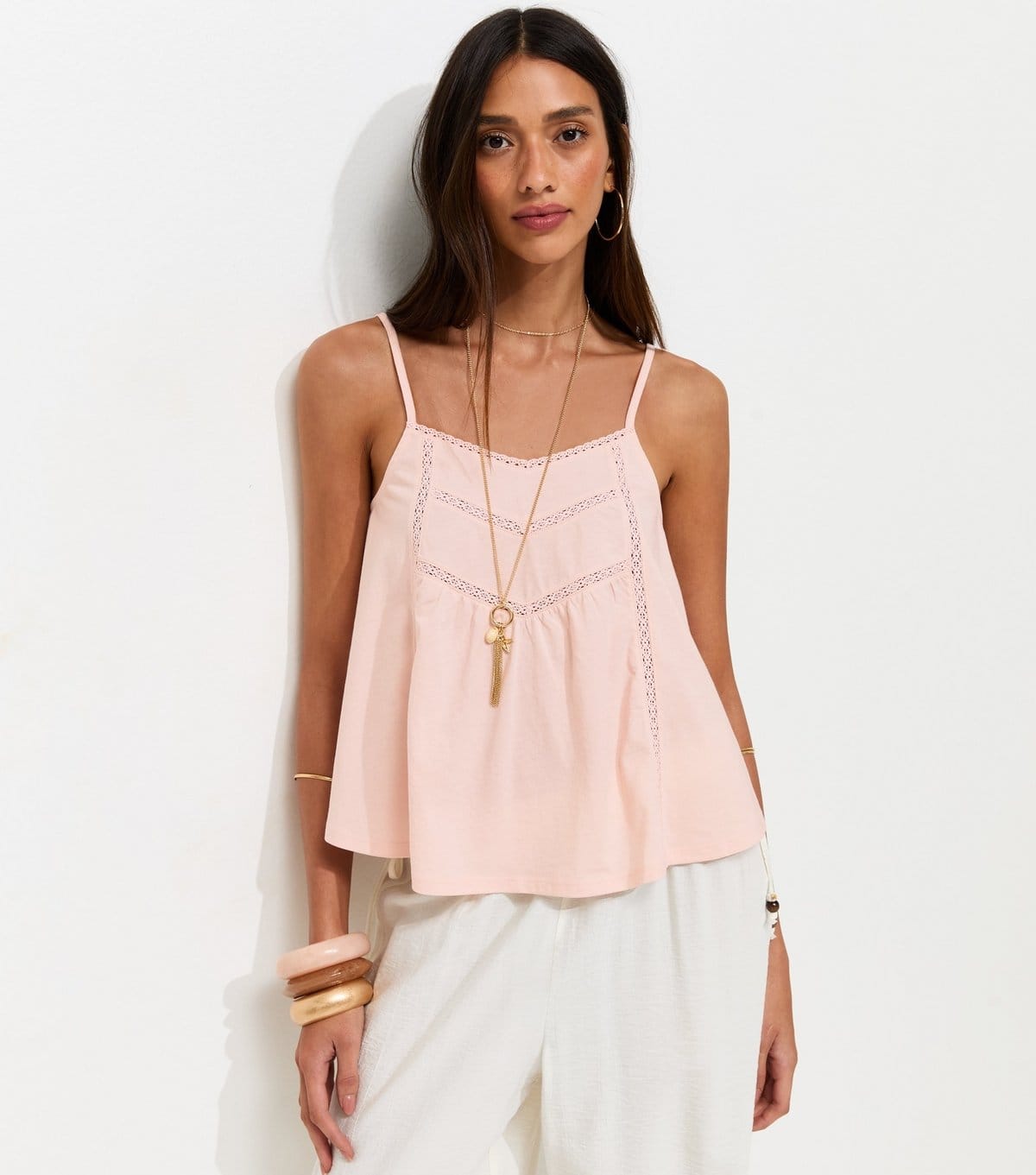 New Look Light Pink Lace Trim V-Neck Cami Top