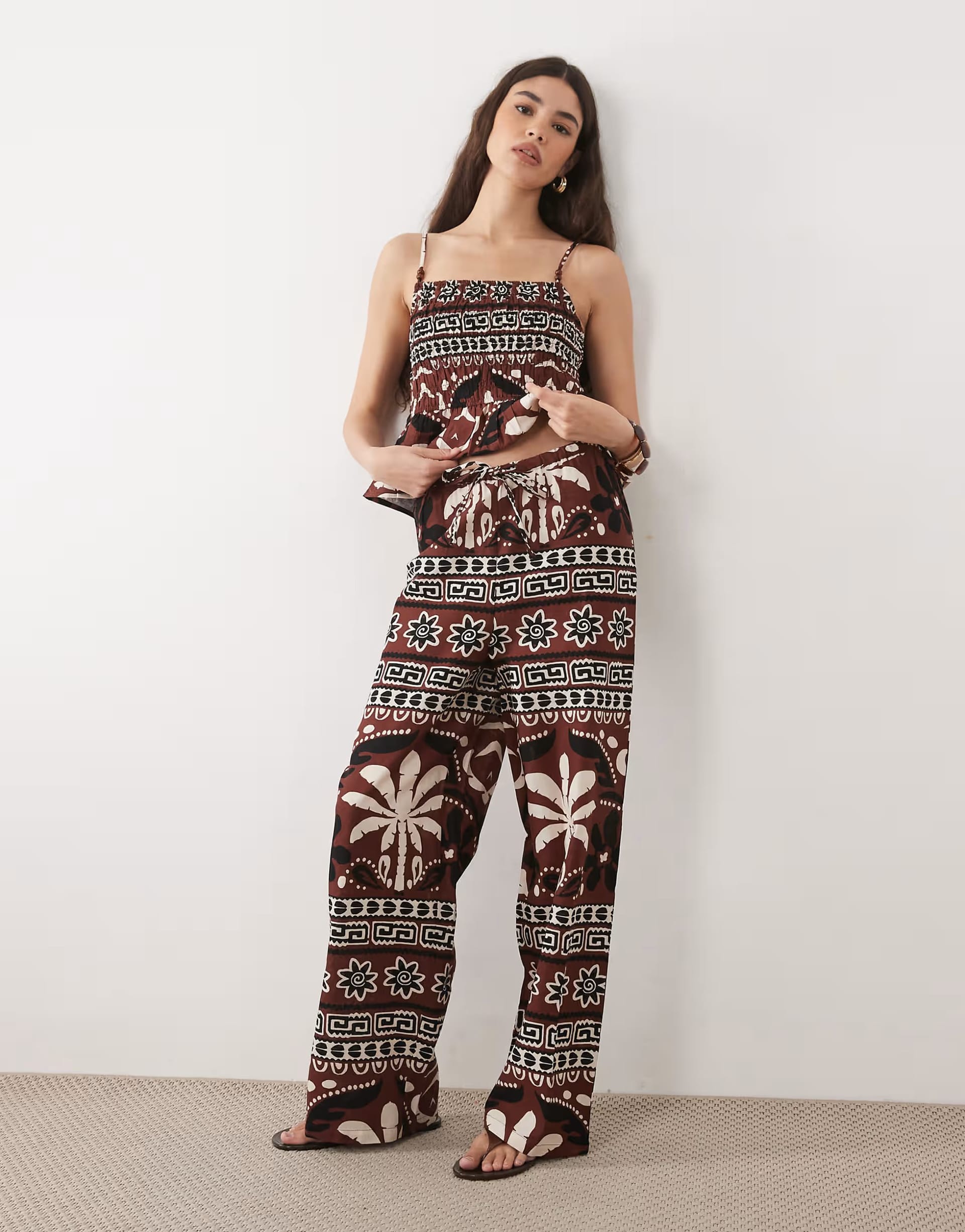 ASOS Red Palm Beaded Wide Leg Co-ord Set