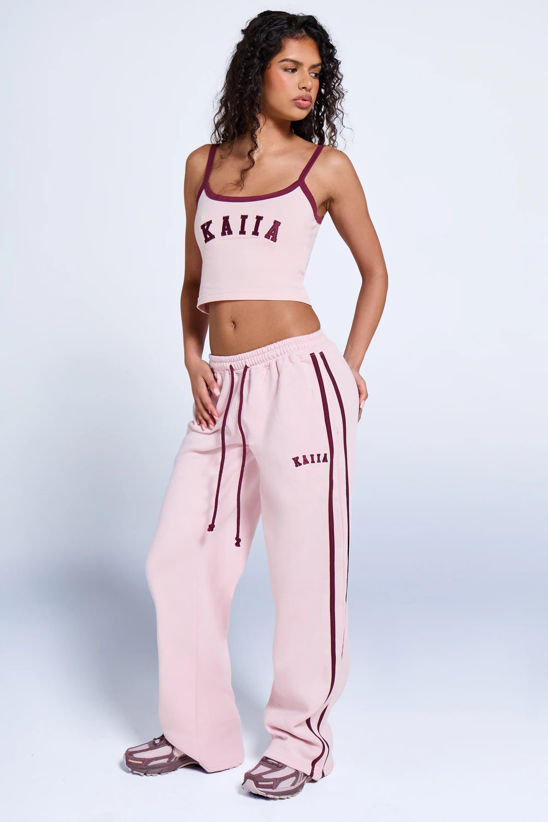 Kaiia Kaiia Logo Side Stripe Wide Leg Joggers Pink Chai & Burgundy