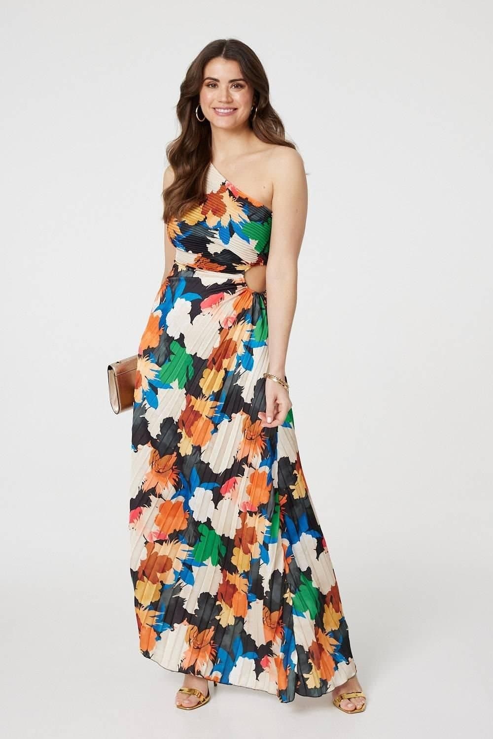 Izabel London Izabel London Women's Floral One-Shoulder Pleated Maxi Dress in Orange